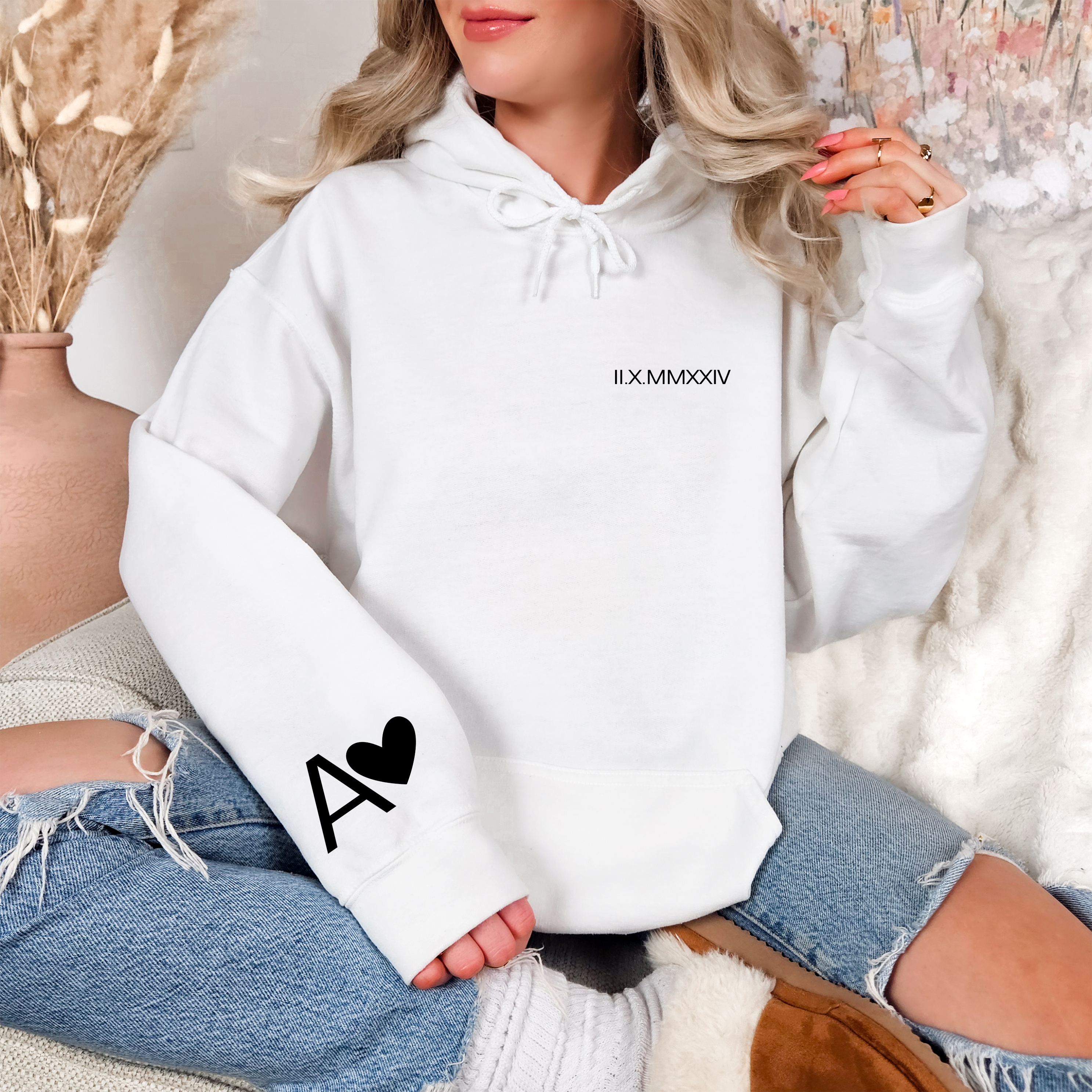 Personalized Embroidered Couples Roman Numeral Hoodie