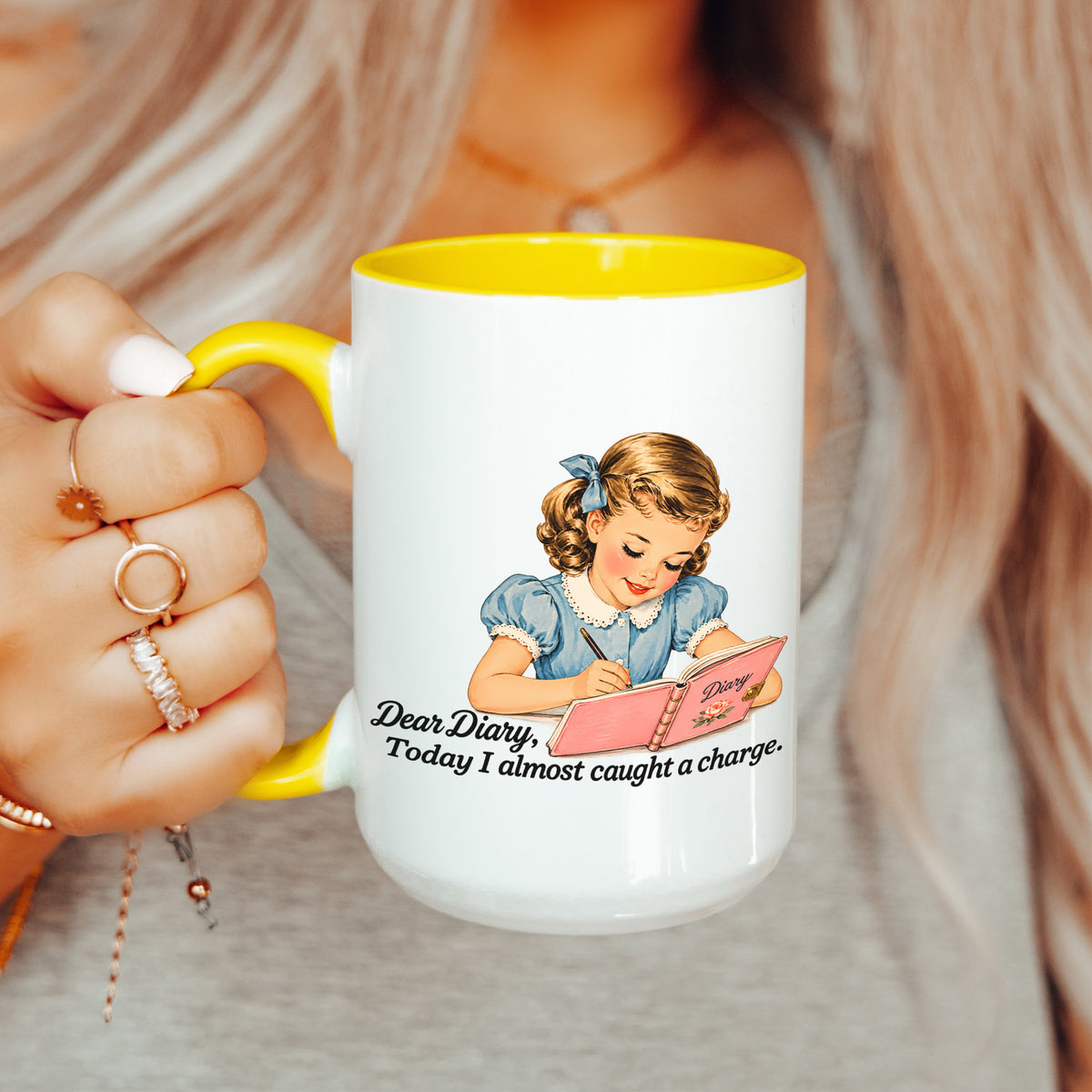 Vintage diary humor tea cup in yellow trim