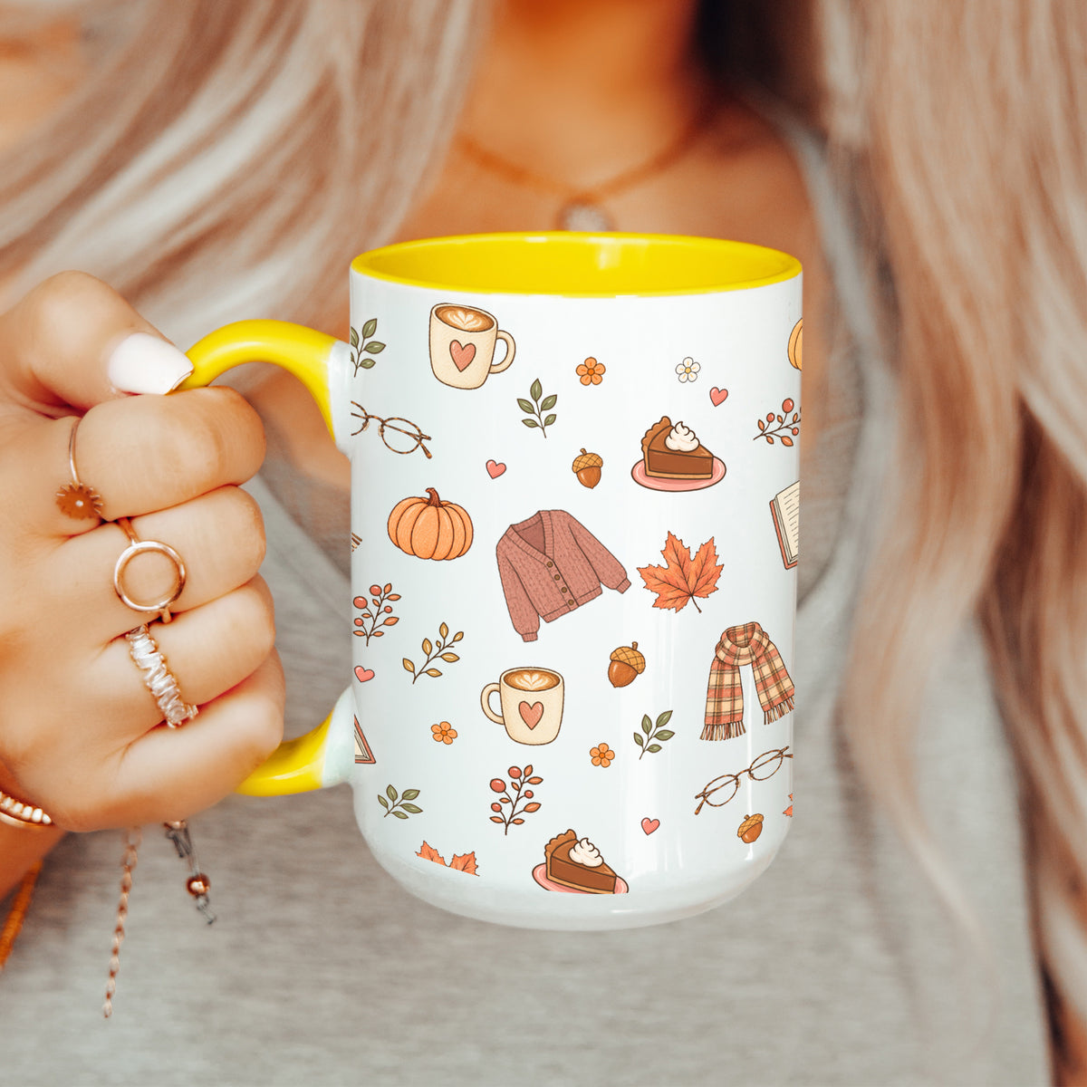 Cottagecore fall illustration ceramic mug in yellow trim