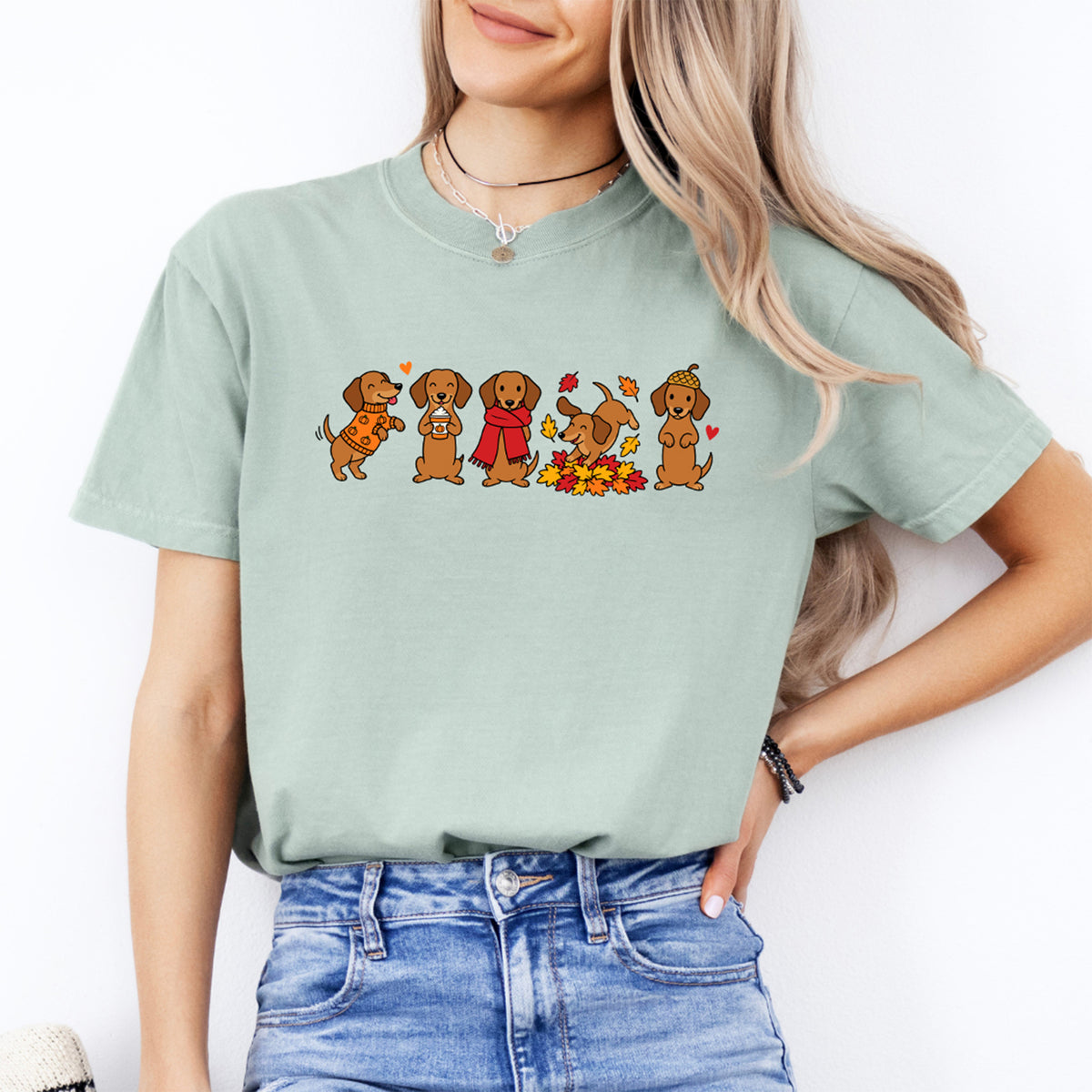 Autumn Dachshund Lineup Graphic Tee – Fall Wiener Dog Shirt