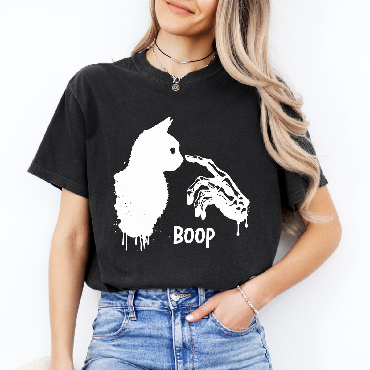 Skeleton Hand Cat Boop Halloween graphic top in black