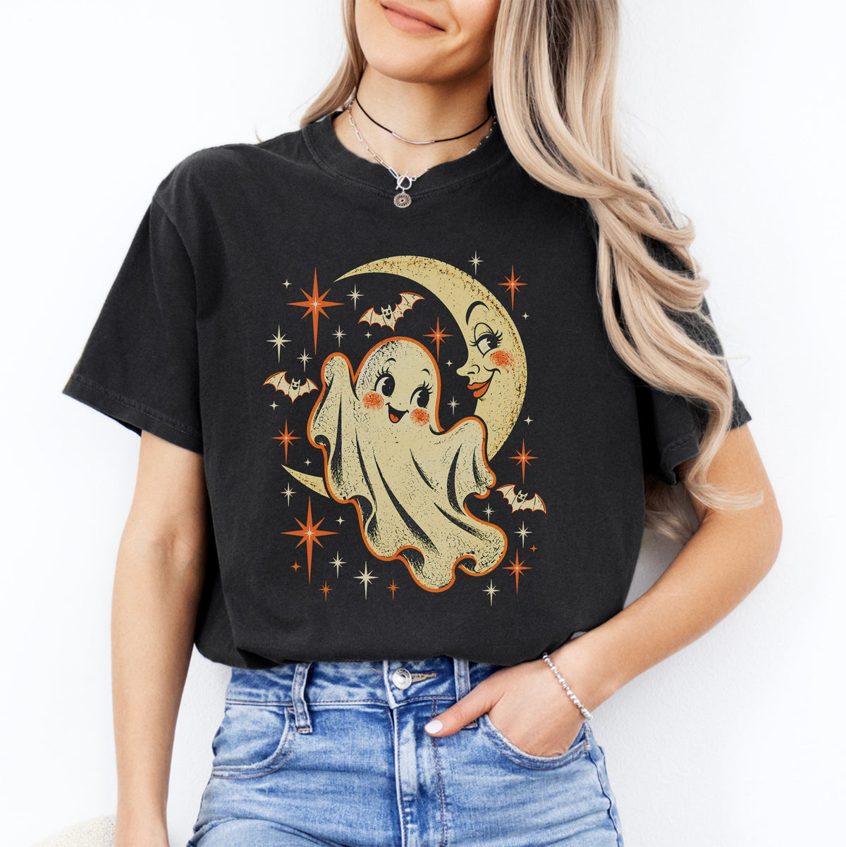 \"Retro-Gespenst und Mondsichel\" – Spooky-Celestial-Print-Top