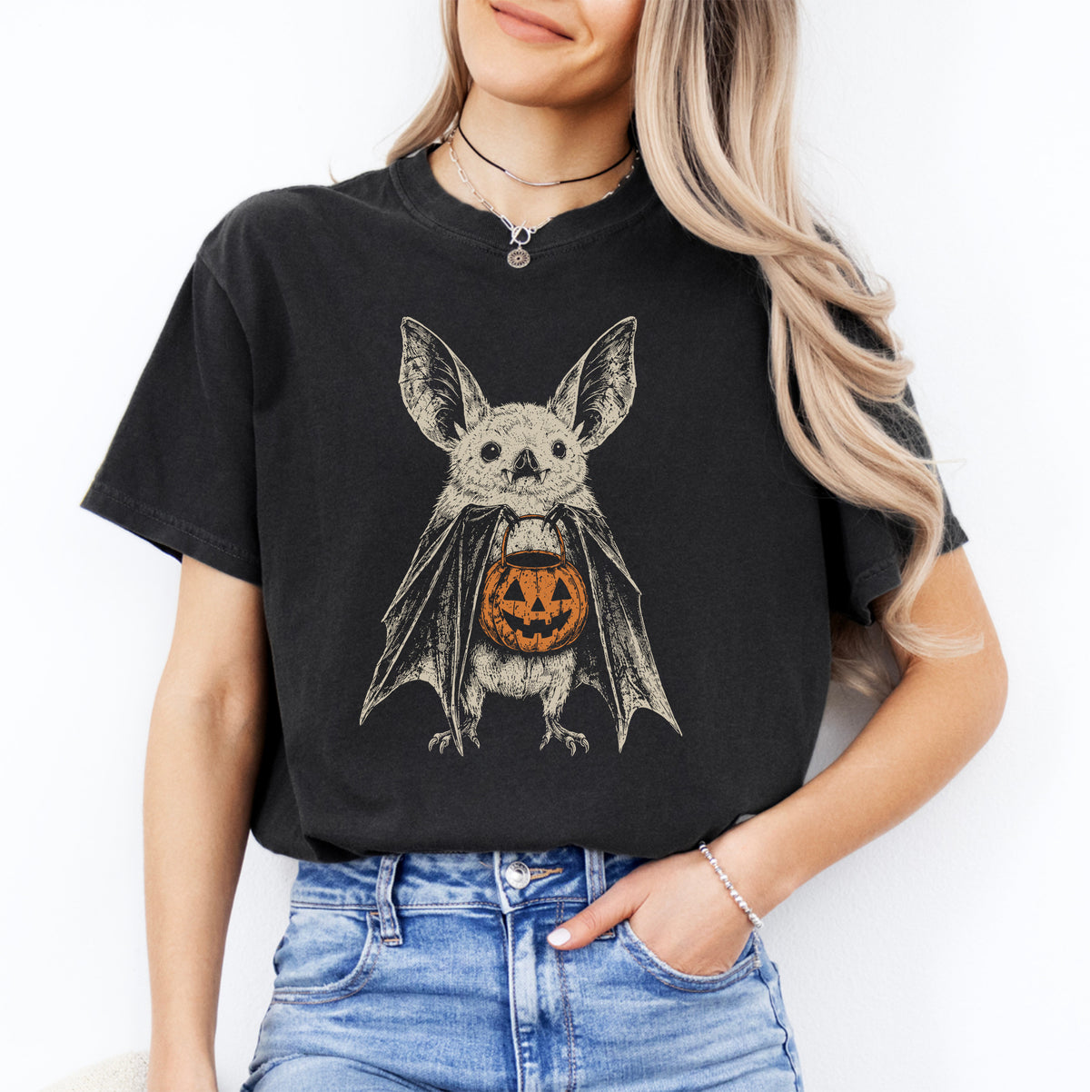 Retro-Halloween-T-Shirt mit Fledermaus