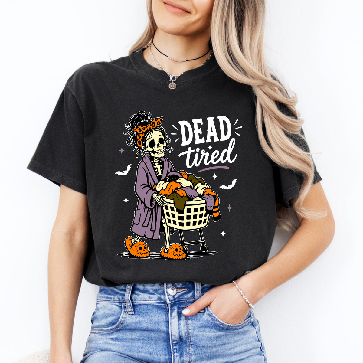 Dead Tired Mom Life Skeleton Laundry Graphic Top in Black