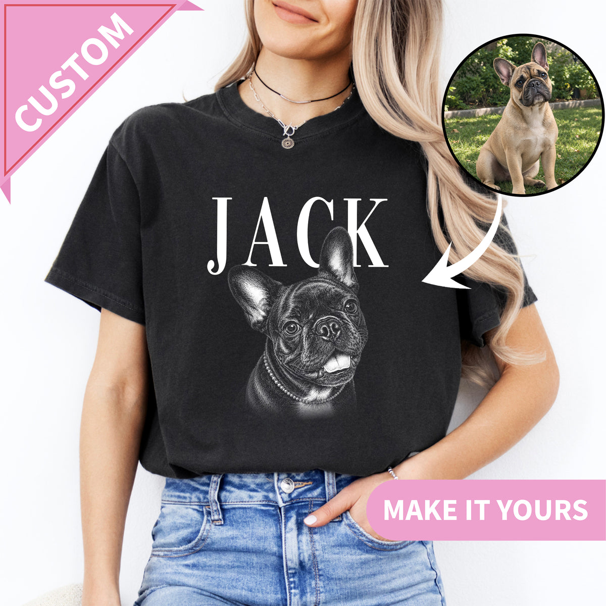 Personalized Sketch Style Pet Portrait Graphic T-Shirt in Pepper Black
