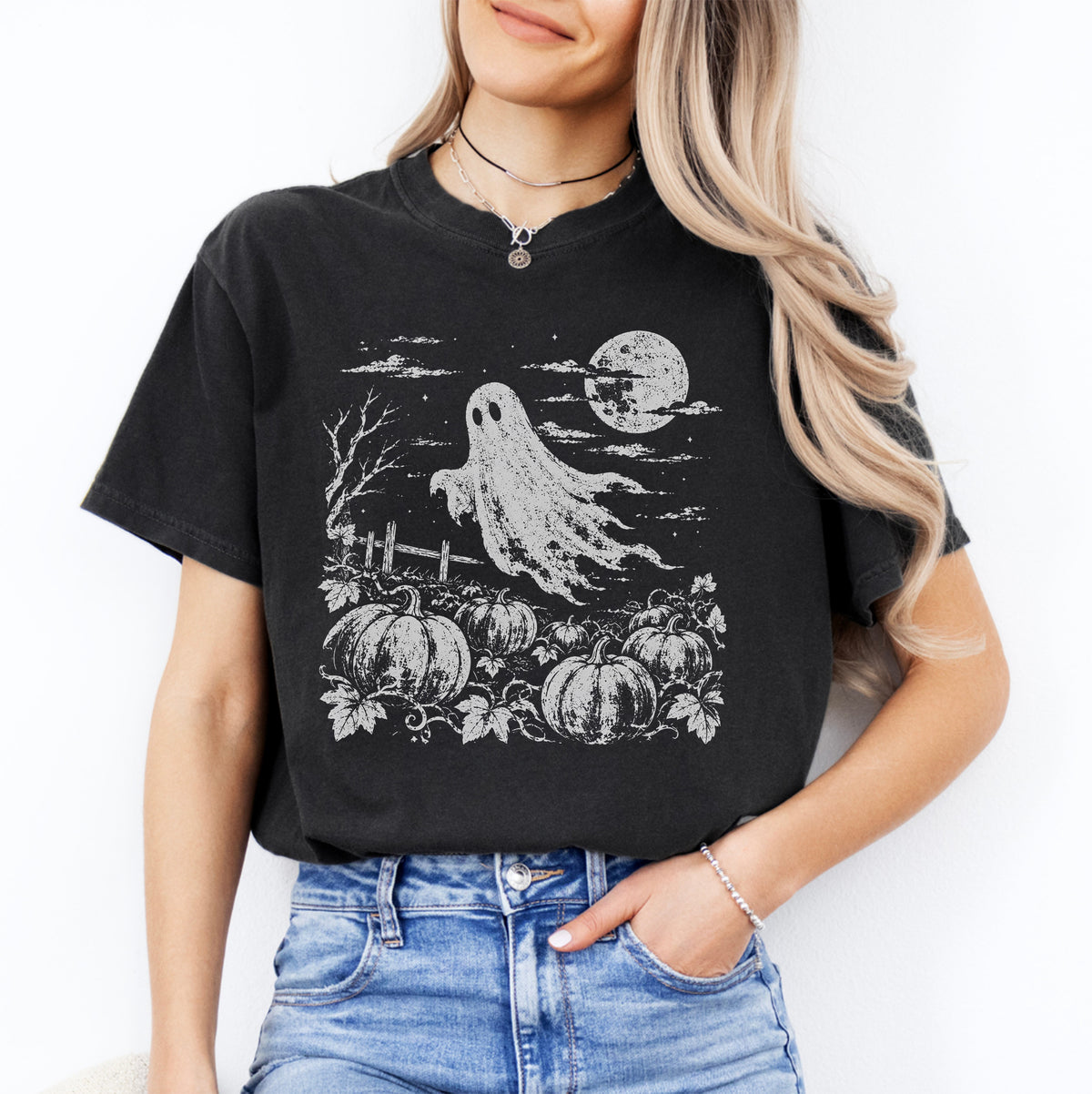 Vintage Halloween Pumpkin Field Spooky Season Tee