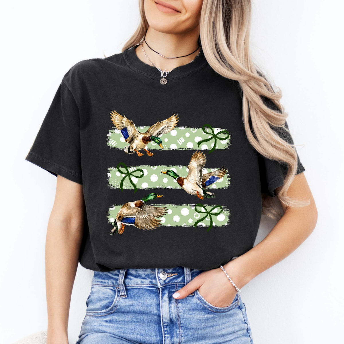 Vintage Retro Mallard Duck Flying Graphic Top in Washed Black