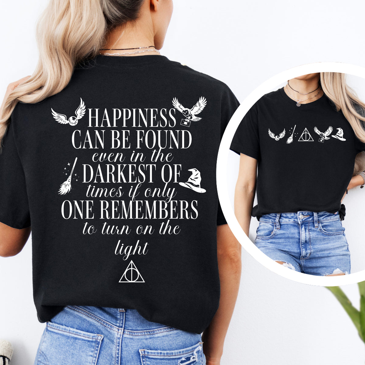 Turn On The Light Bookish Fantasy Tee in Black with Back Quote Print