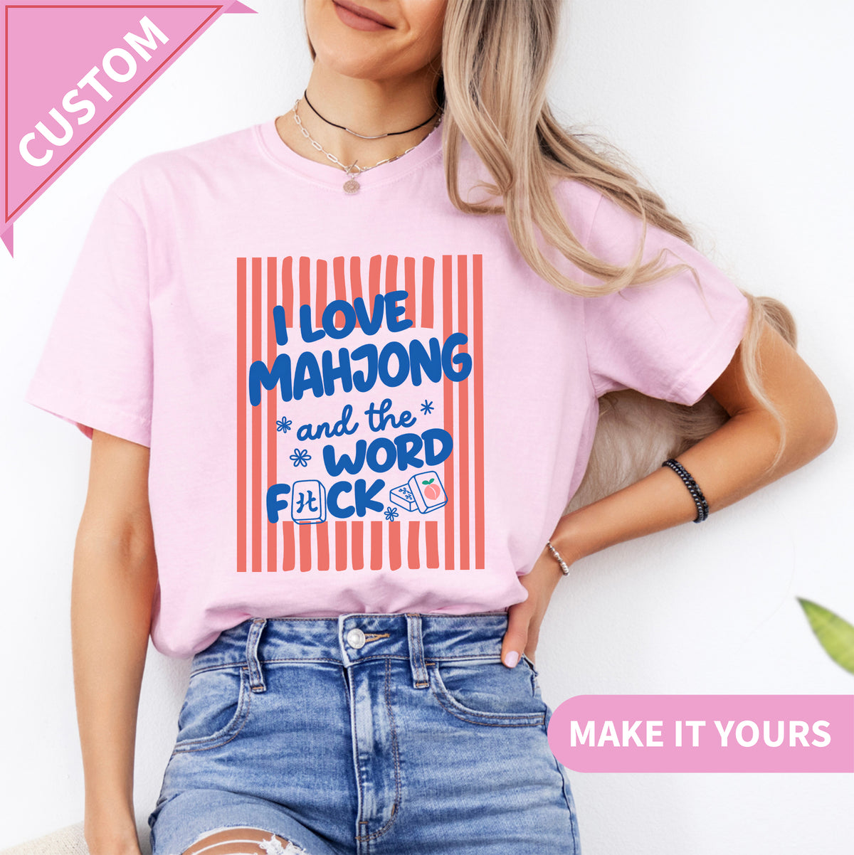 Personalized Striped Mahjong Sayings Tee