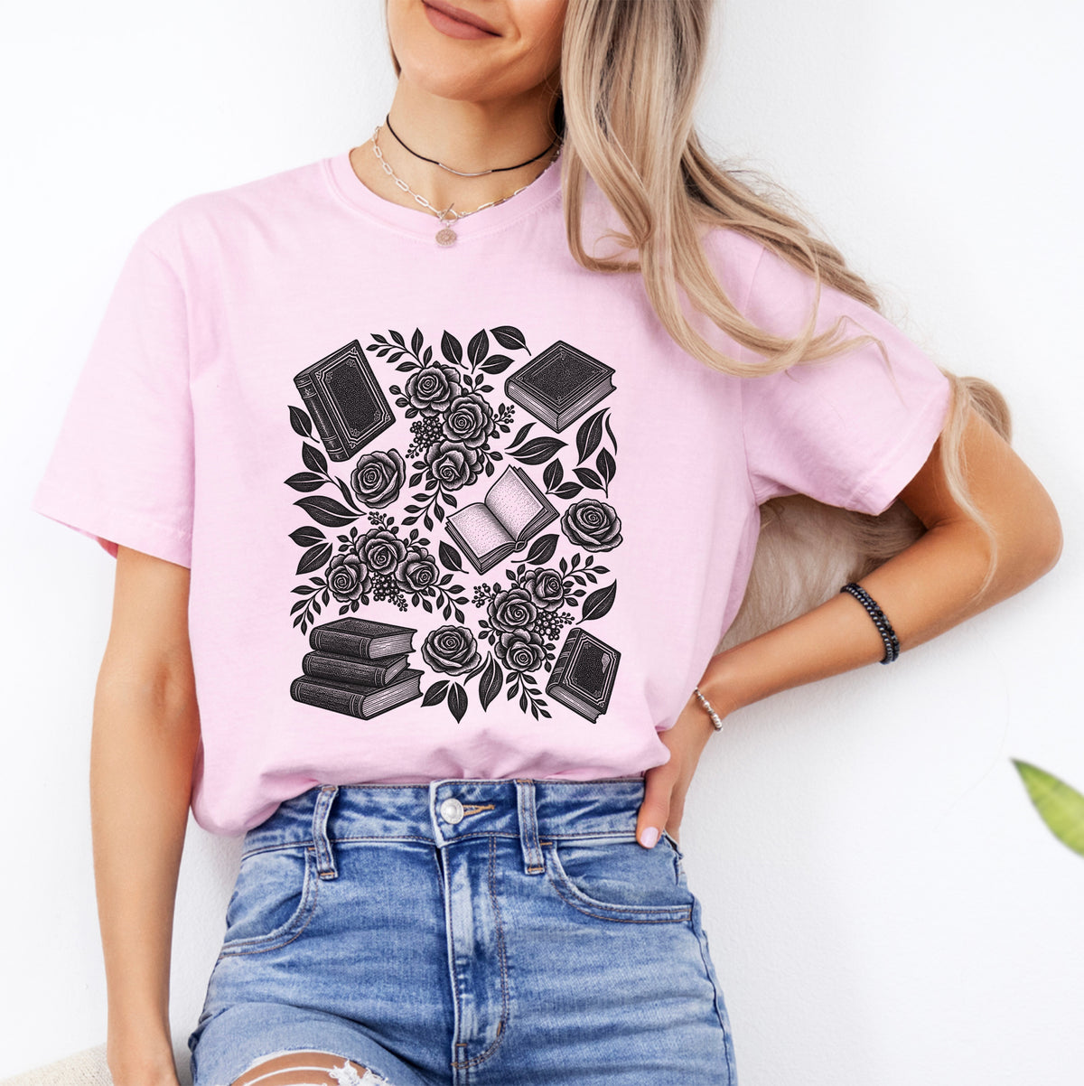 Linocut Books And Flowers Tee