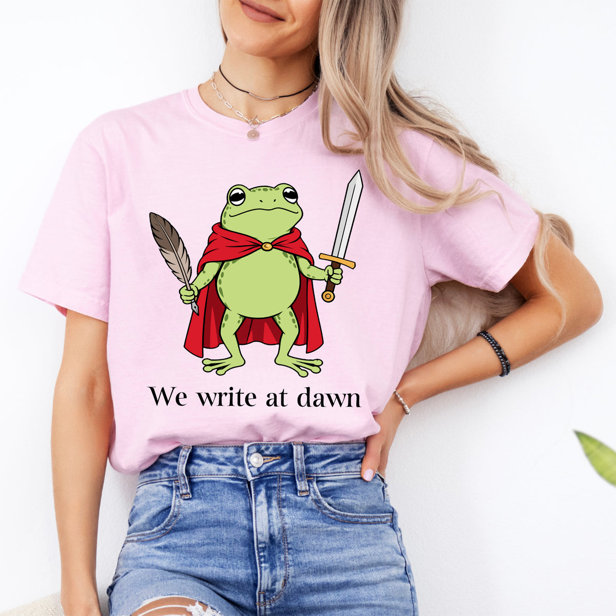 "We Write at Dawn" Author Warrior Frog Writer Graphic Tee