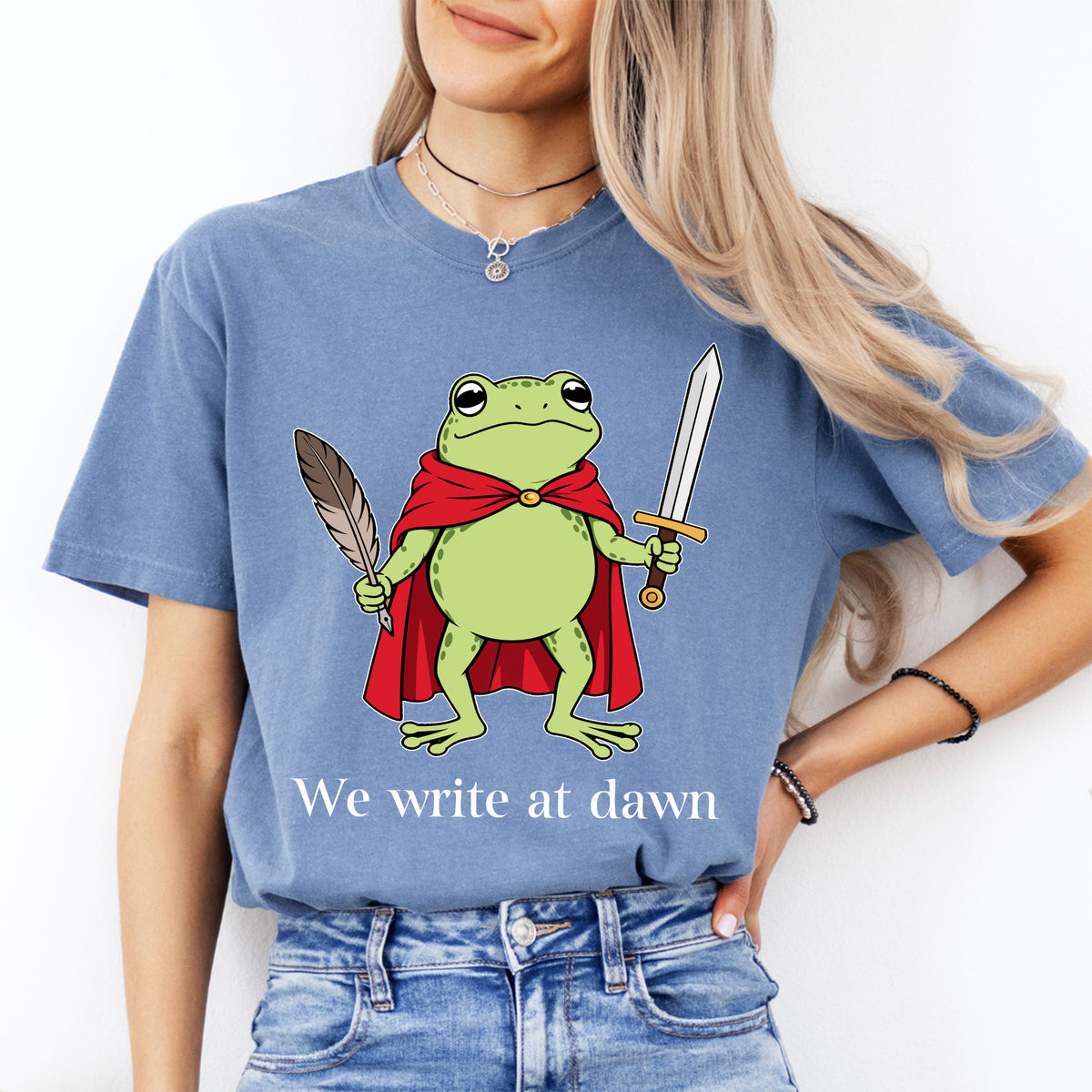 "We Write at Dawn" Author Warrior Frog Writer Graphic Tee