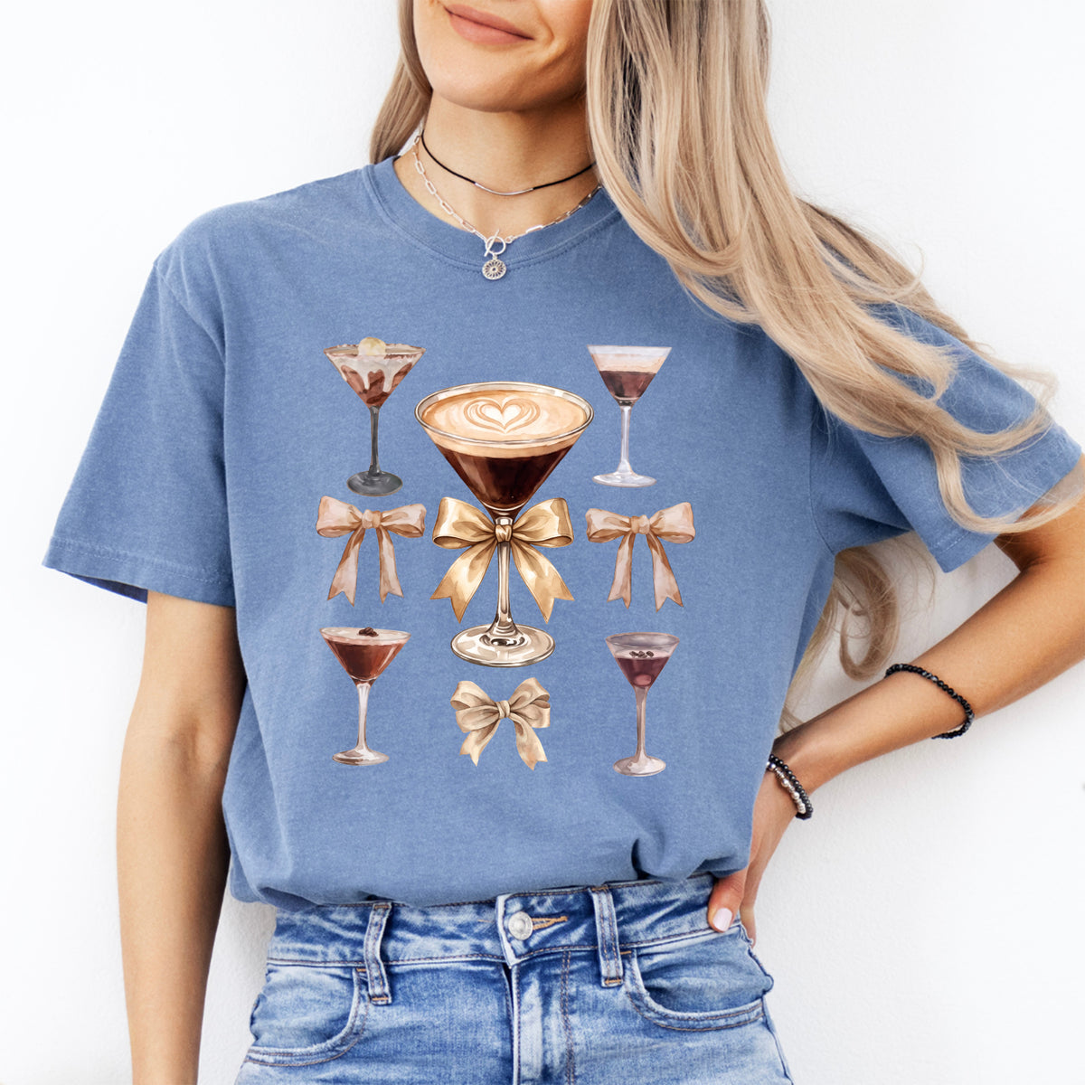 Espresso Martini Coquette Bows Graphic Top – Trendy Cocktail Casual Shirt