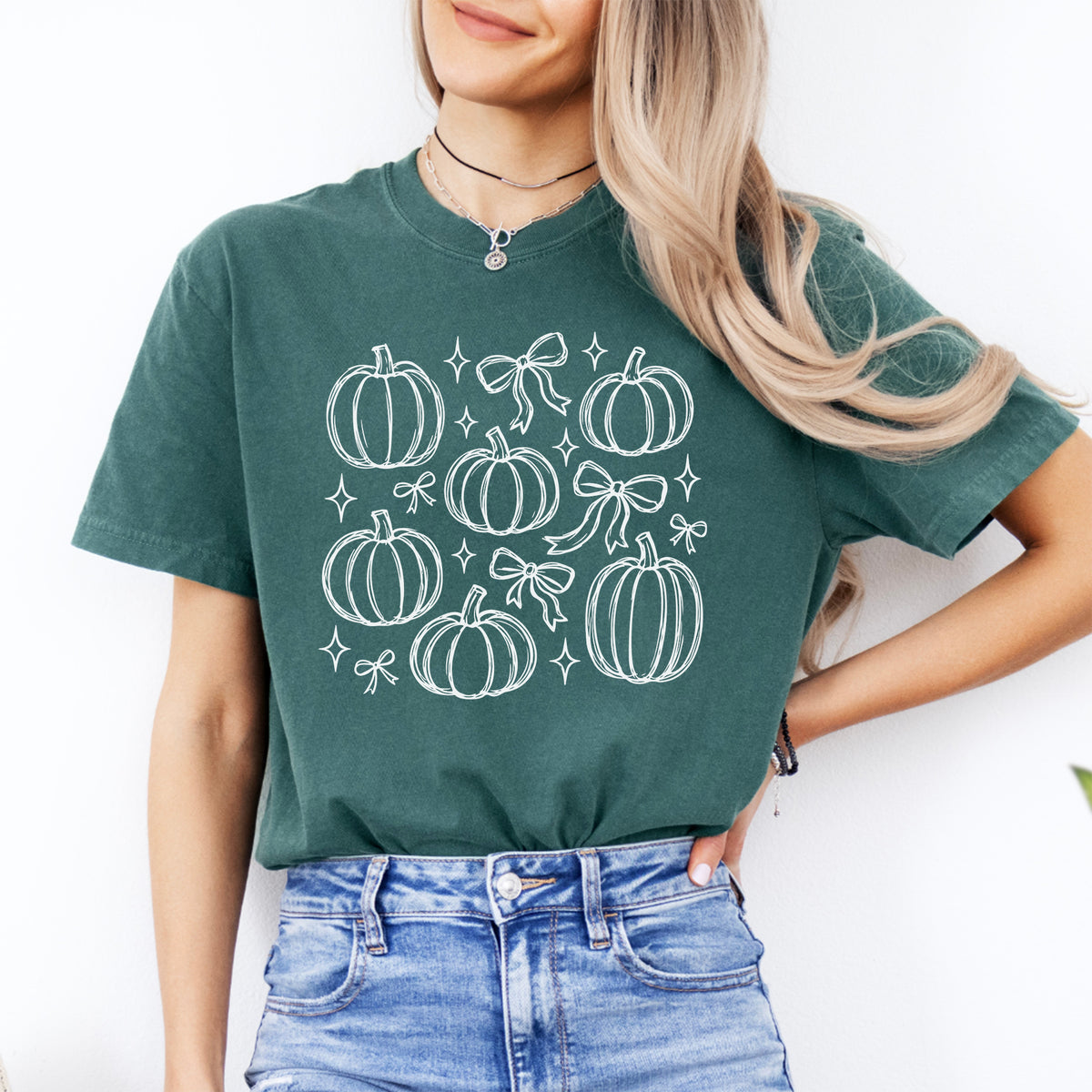 Coquette illustrated pumpkins and ribbons graphic shirt in blue spruce