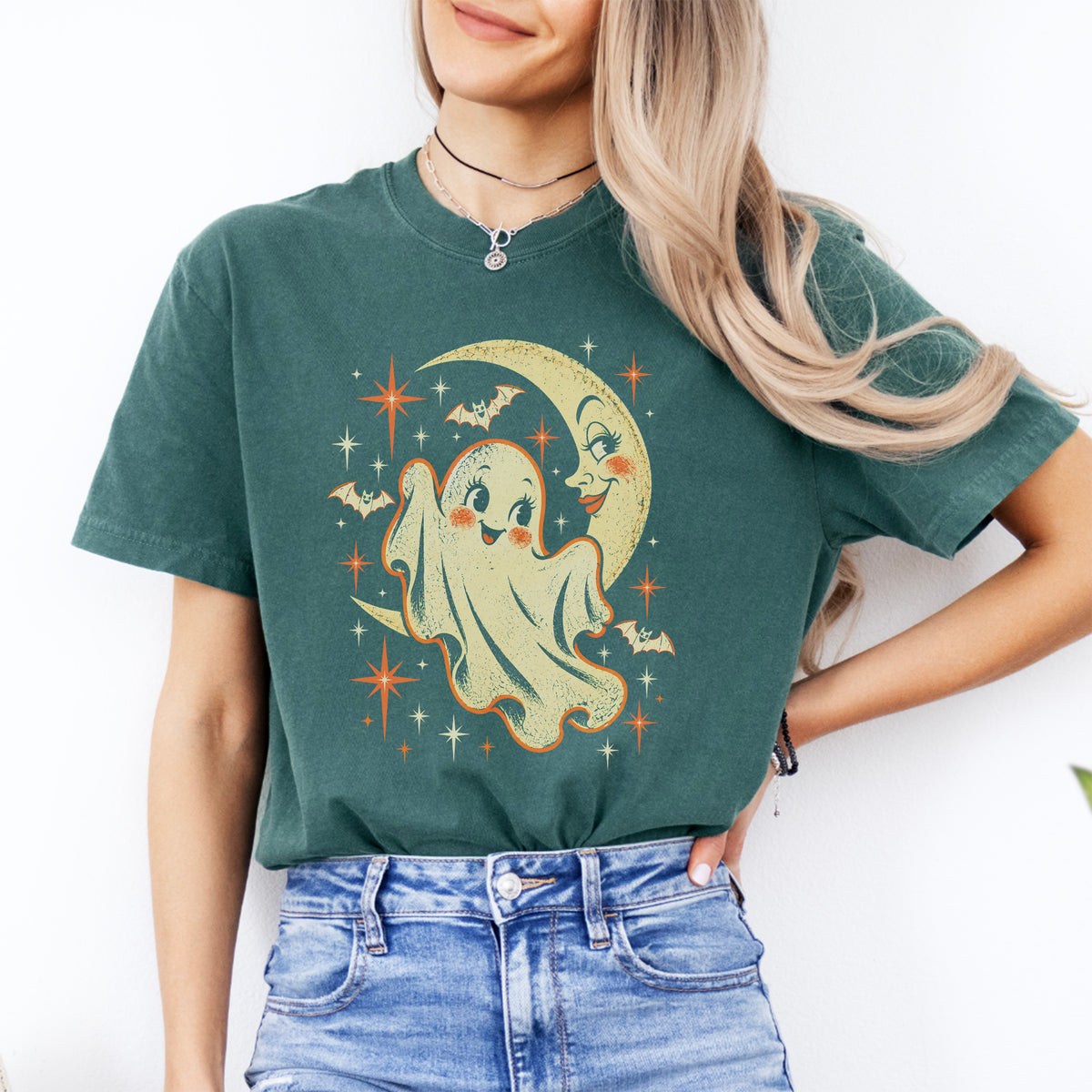 \"Retro-Gespenst und Mondsichel\" – Spooky-Celestial-Print-Top