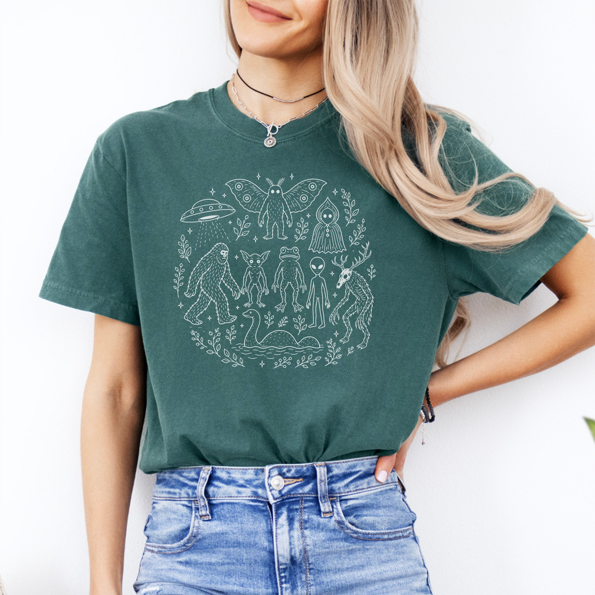 Cryptid Forest Squad Graphic Casual Shirt – Bigfoot Mothman Folklore Top