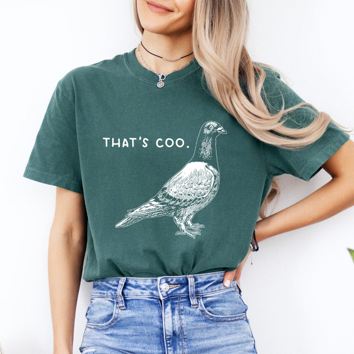 Thats Coo funny pigeon wordplay pen and ink graphic t-shirt in blue spruce green