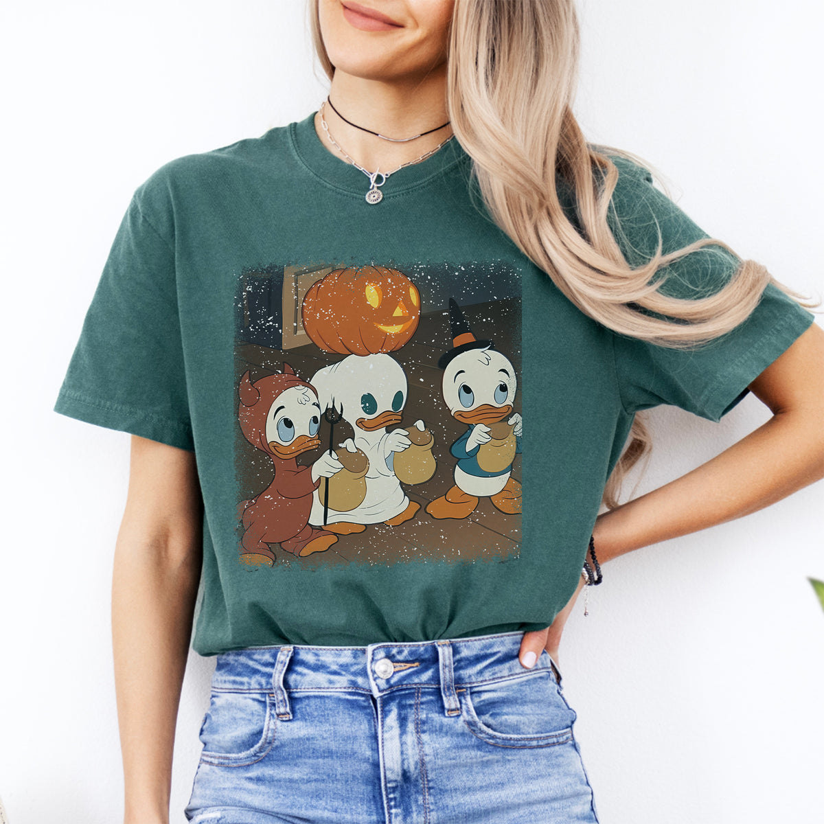 Nostalgisches Halloween-Retro-T-Shirt mit Entenmotiv – „Trick Or Treating Ducks“