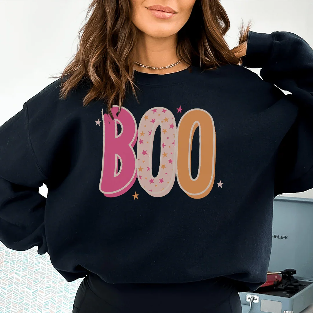Retro Spooky Season Fleece Pullover with BOO in Black