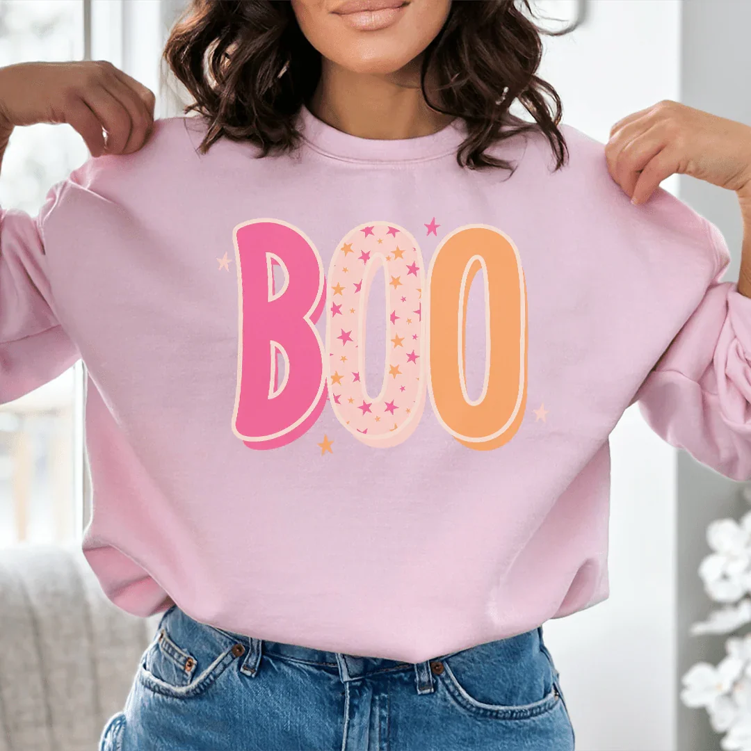 Retro Spooky Season Fleece Pullover with BOO in Light Pink