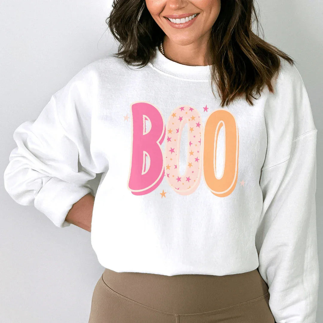 Retro Spooky Season Fleece Pullover with BOO in White