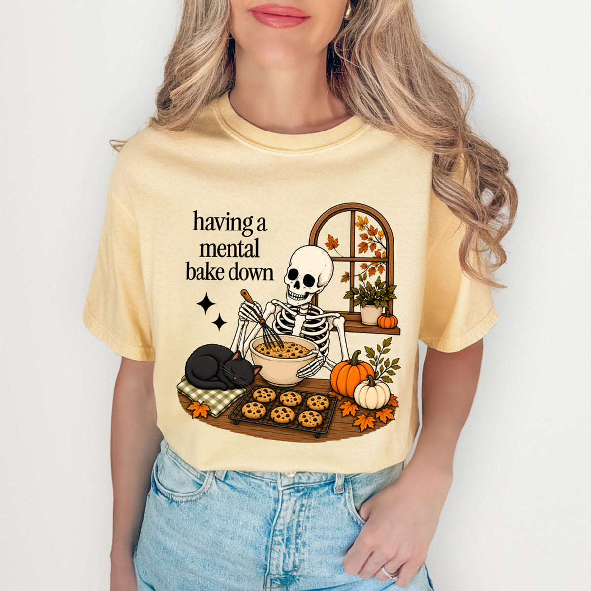 Grafik-T-Shirt mit Skelettbäcker „Having a Mental Bake Down“