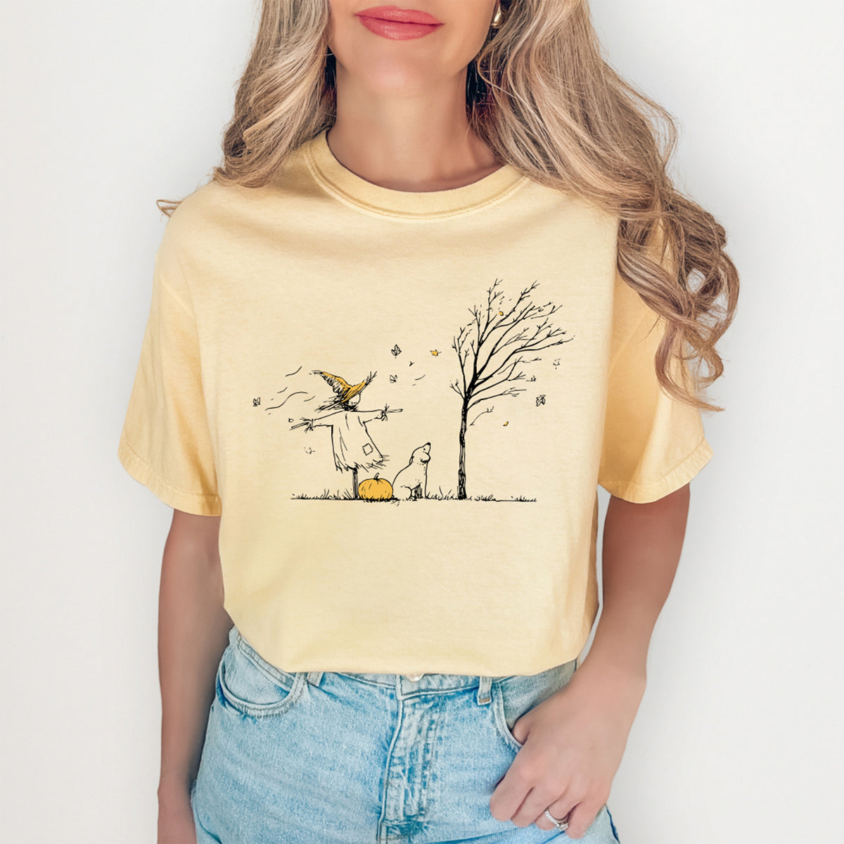 Grafikshirt mit herbstlicher Vogelscheuche und Welpen – ländliches Herbstshirt