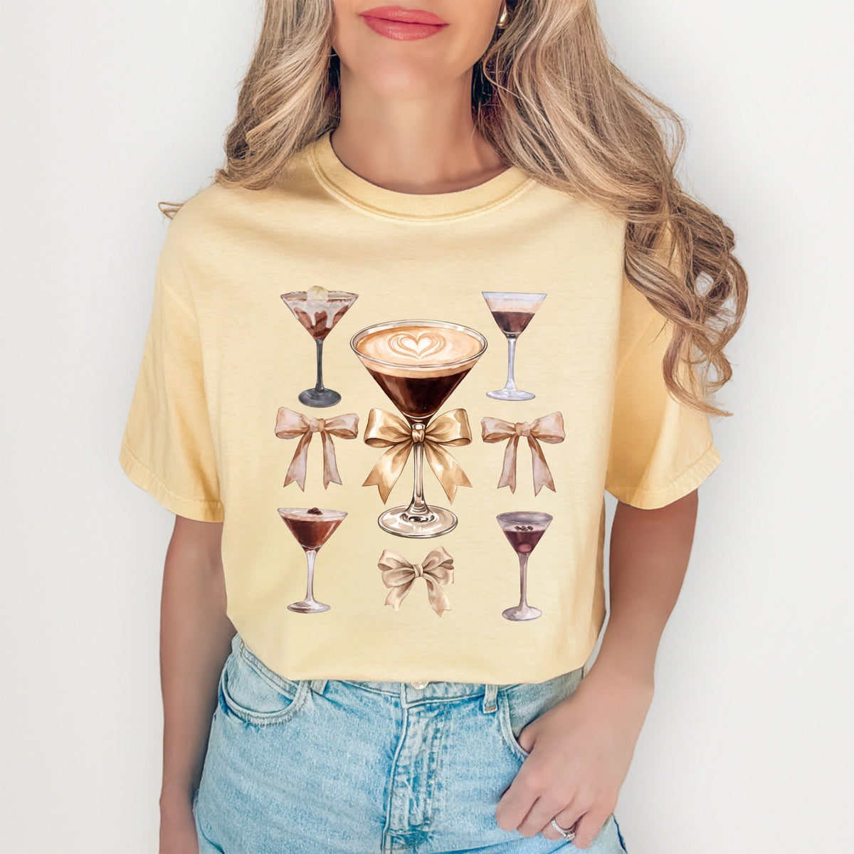 Espresso Martini Coquette Bows Graphic Top – Trendy Cocktail Casual Shirt