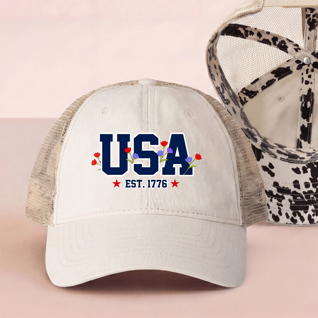 Embroidered USA Flag Floral Trucker Hat