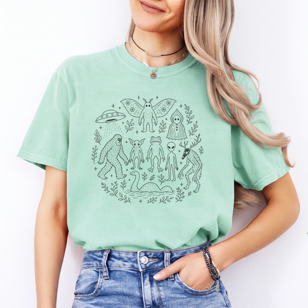 Cryptid Forest Squad Graphic Casual Shirt – Bigfoot Mothman Folklore Top