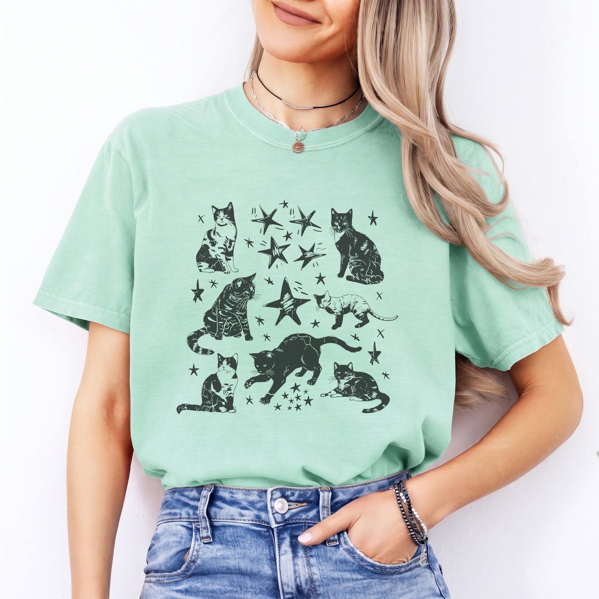 Vintage-T-Shirt mit Katzen-Sternmotiv