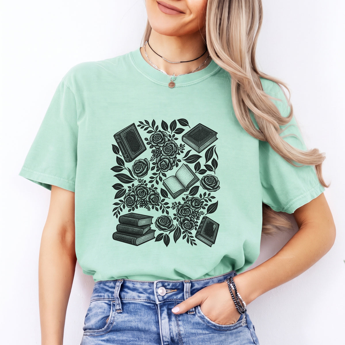 Linocut Books And Flowers Tee