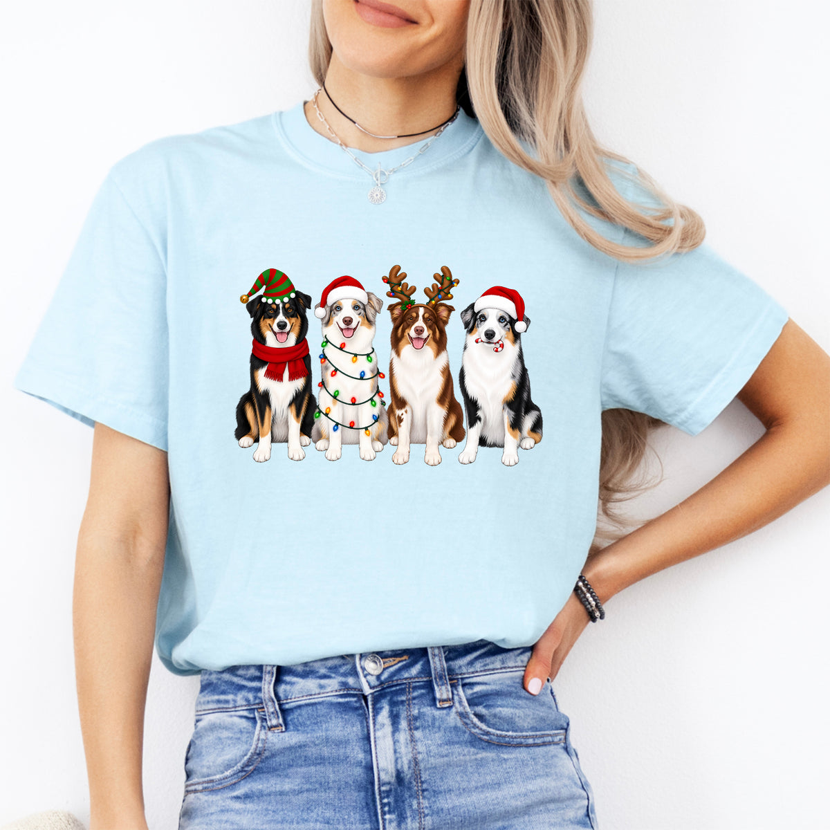 Holiday Australian Shepherds Lineup Graphic Tee – Festive Christmas Dogs Shirt