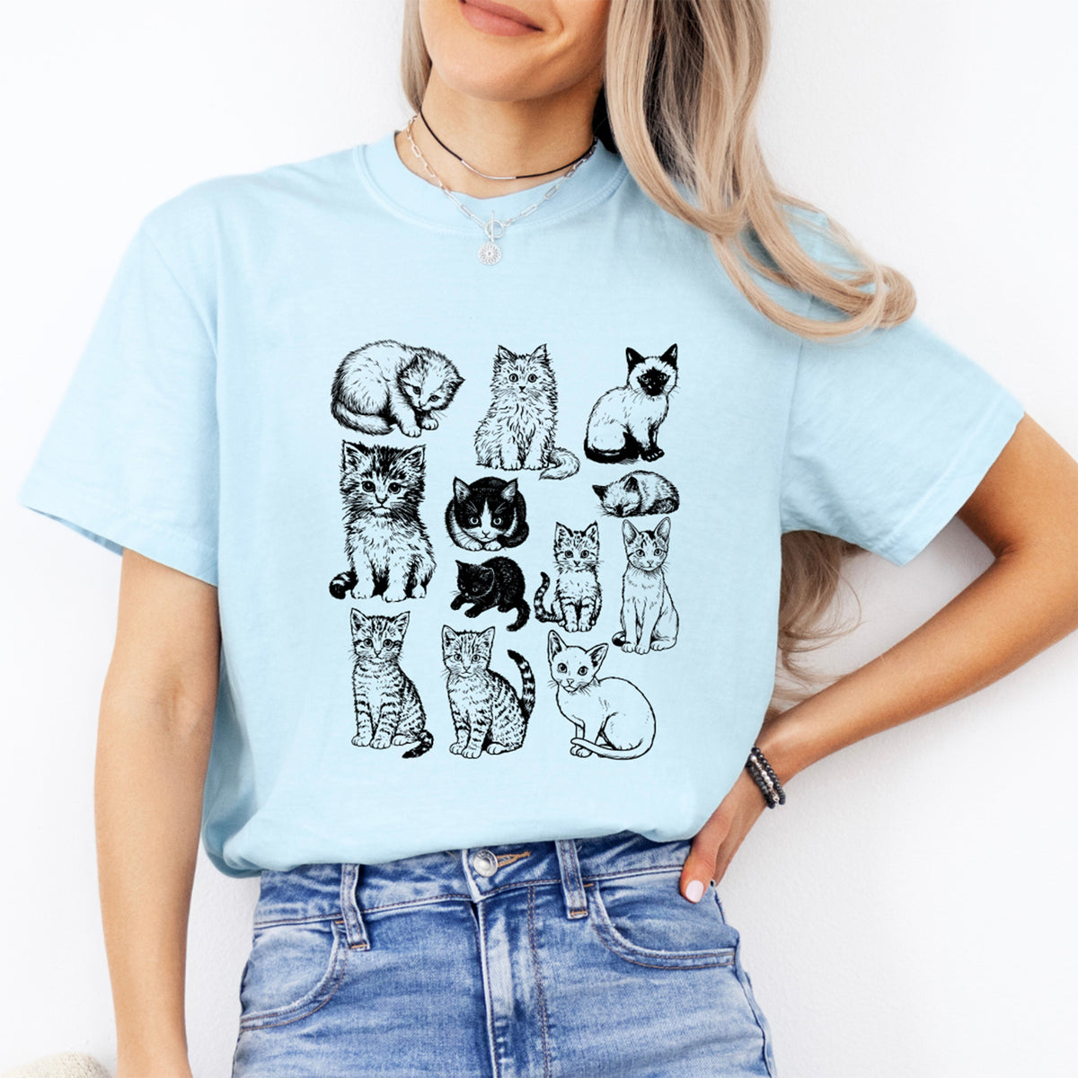 Hand drawn vintage ink kittens cat lover shirt in chambray blue
