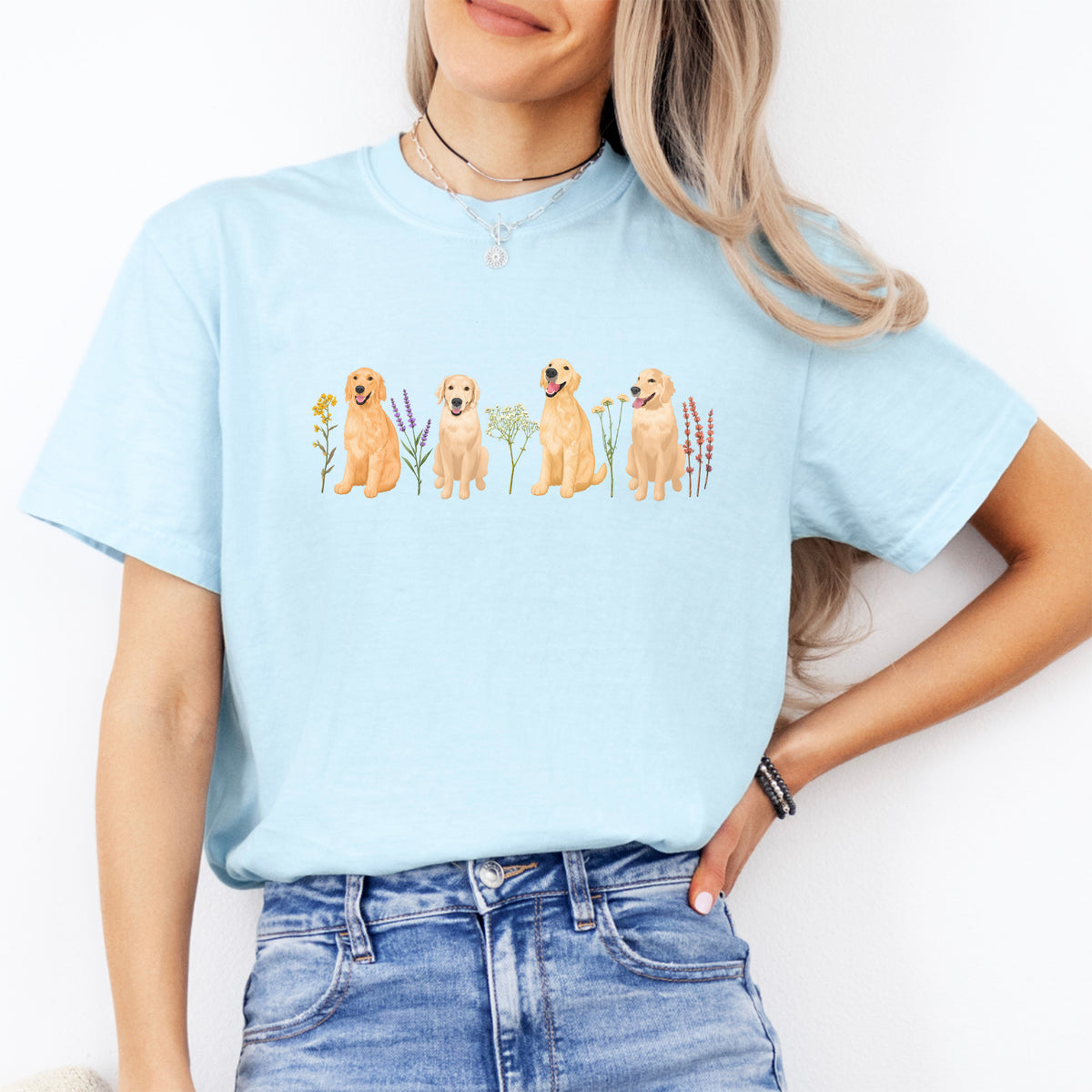Botanisches Blumen-Golden-Retriever-Grafiktop – Shirt für Hundemamas