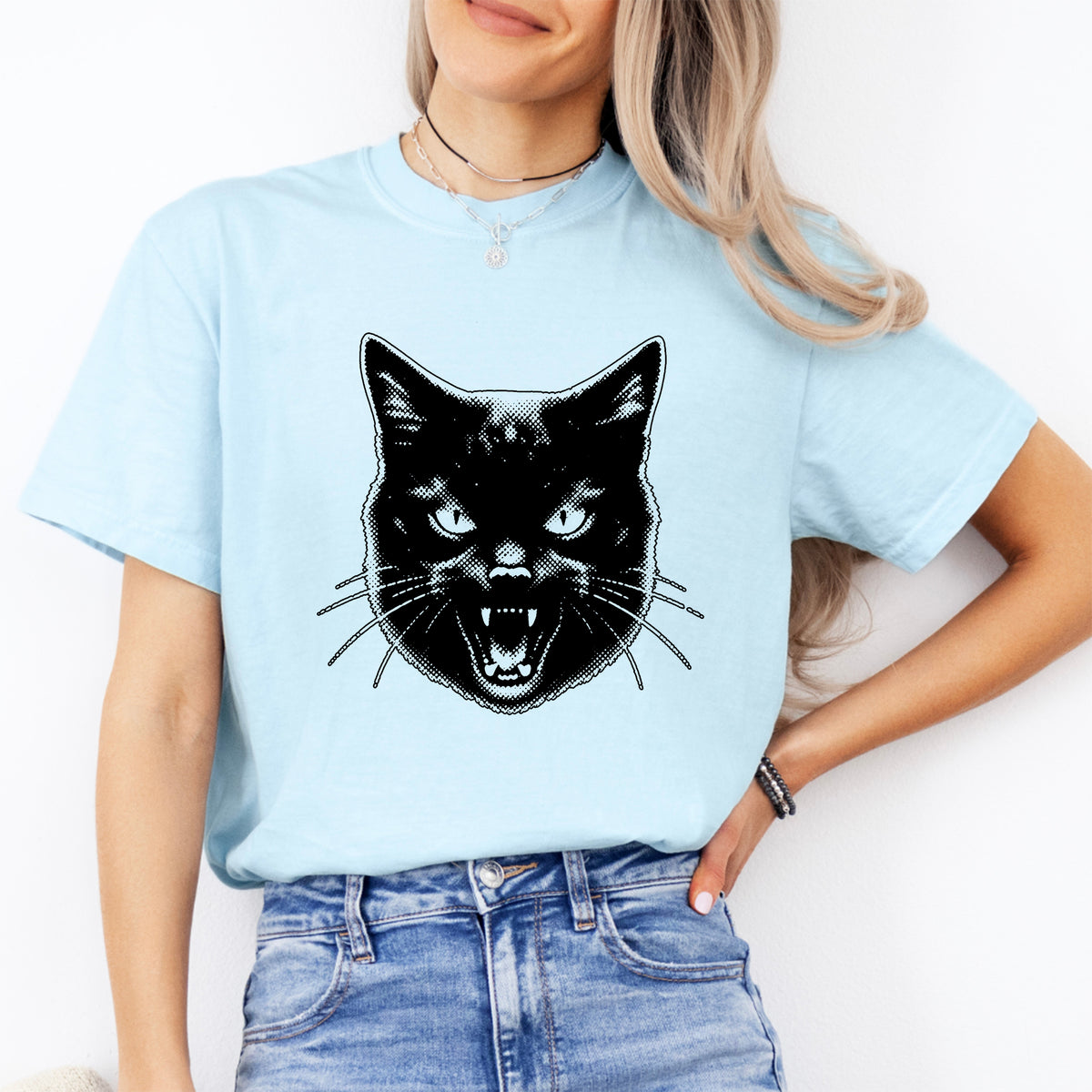 90s vintage hissing black cat graphic top with retro halftone fangs print in chambray blue