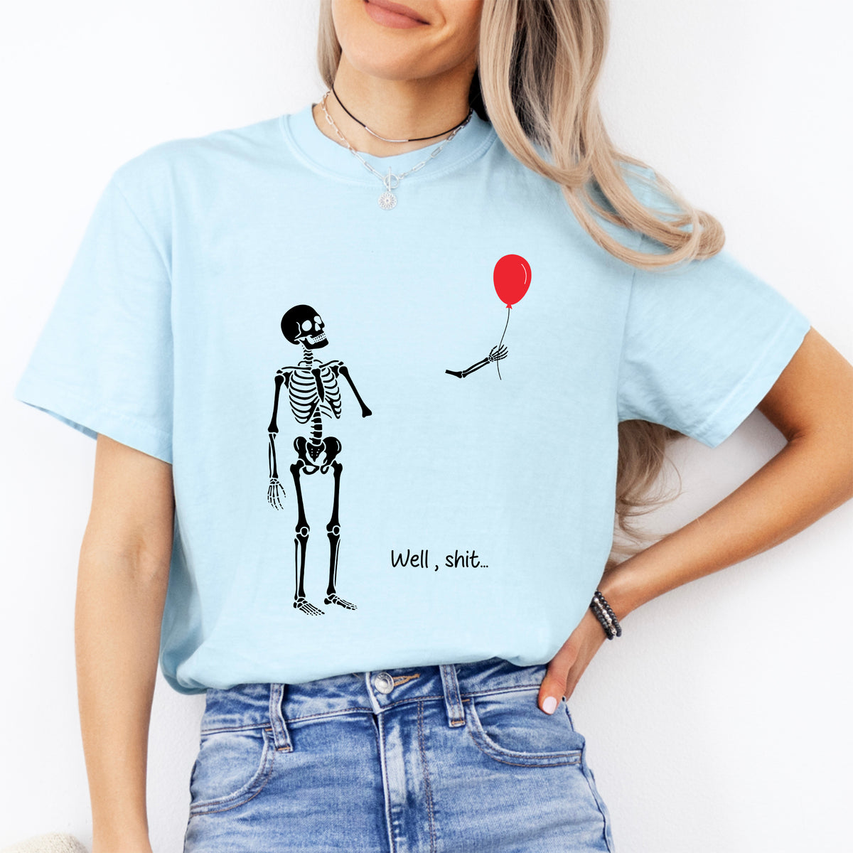 „Na toll, Scheiße …“ – Lustiges lässiges Shirt mit Skelettmotiv und abgetrenntem Arm