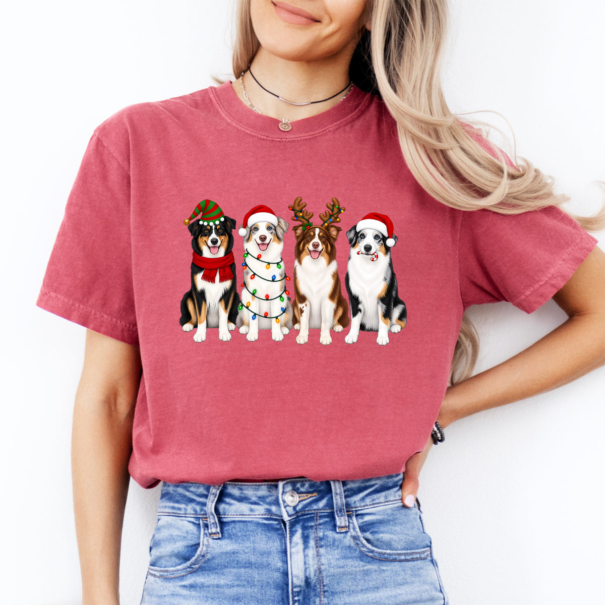 Holiday Australian Shepherds Lineup Graphic Tee – Festive Christmas Dogs Shirt