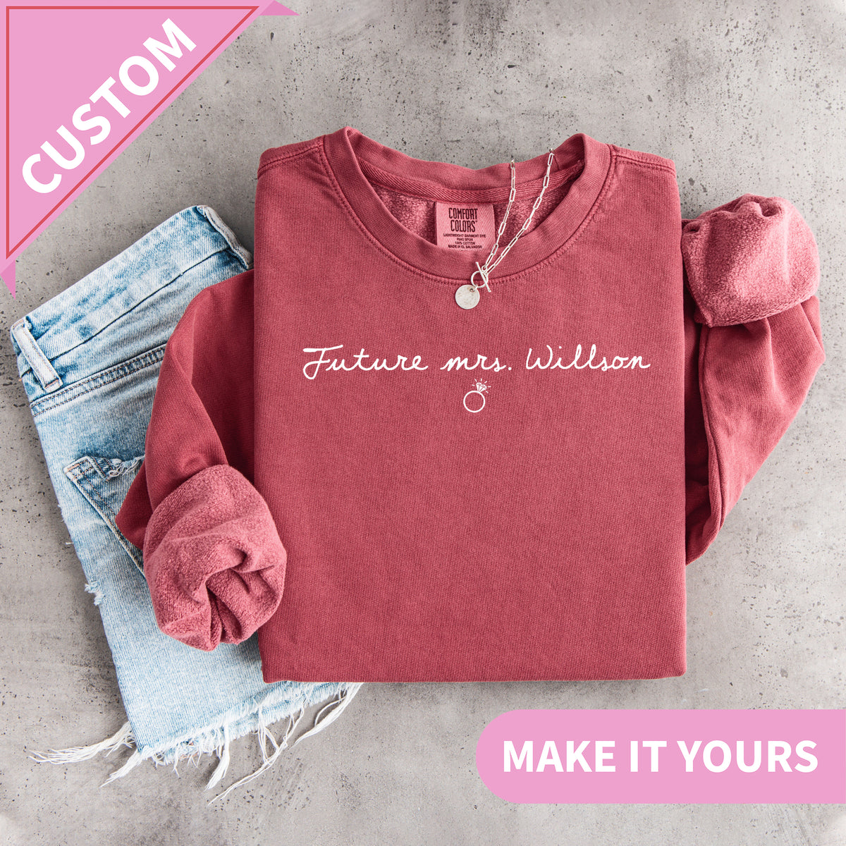 Personalized Future Mrs Custom Bridal Name Diamond Ring Sweatshirt in Crimson