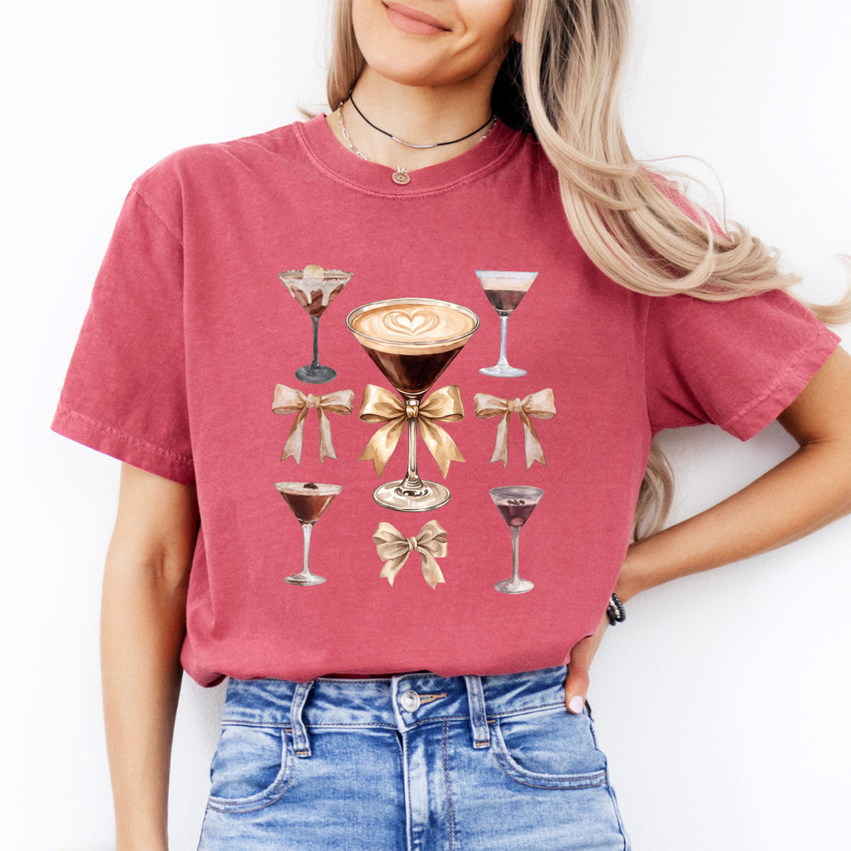 Espresso Martini Coquette Bows Graphic Top – Trendy Cocktail Casual Shirt