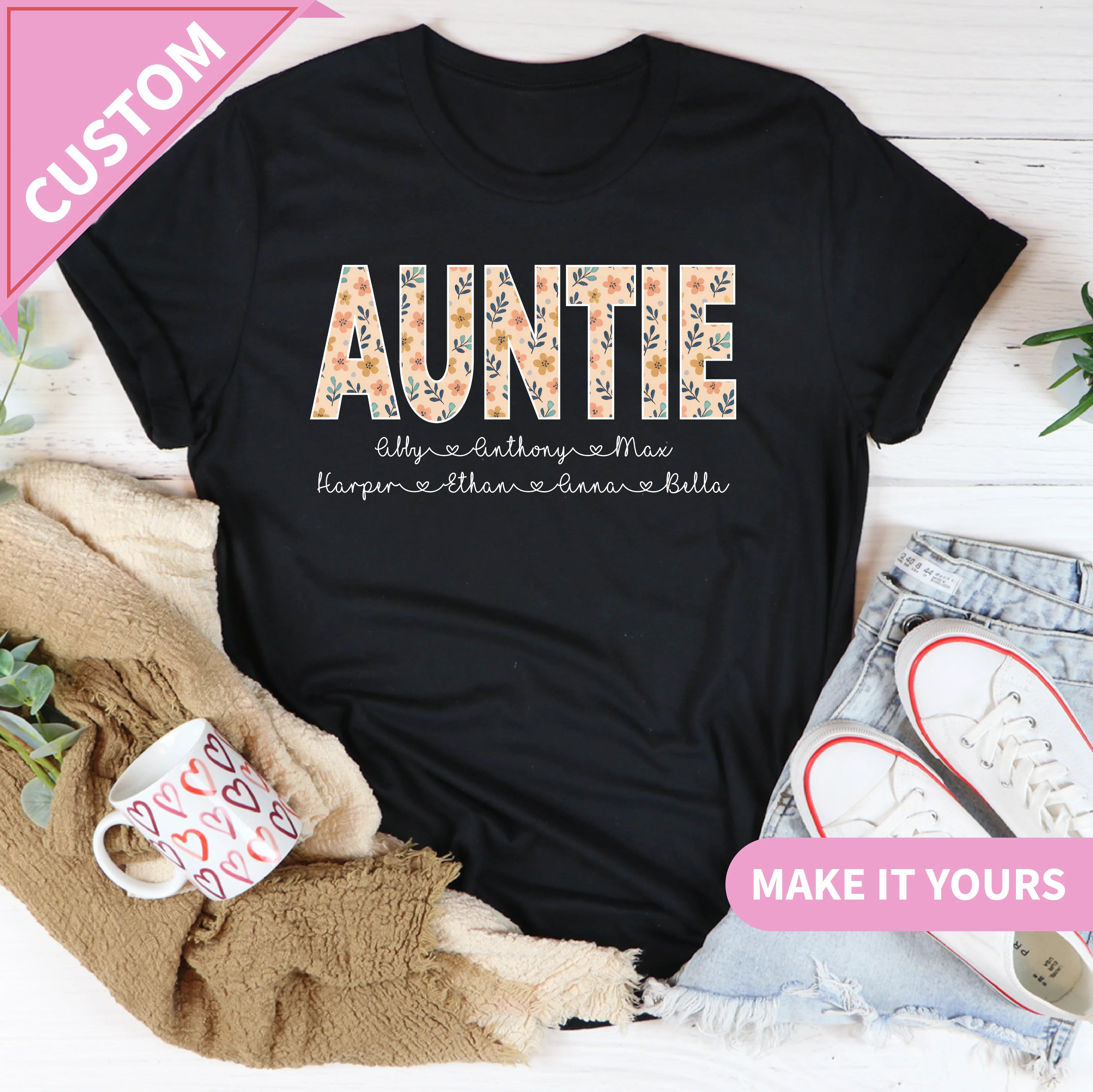 Custom Auntie Floral Name Tee Printify T-Shirt T-Shirt