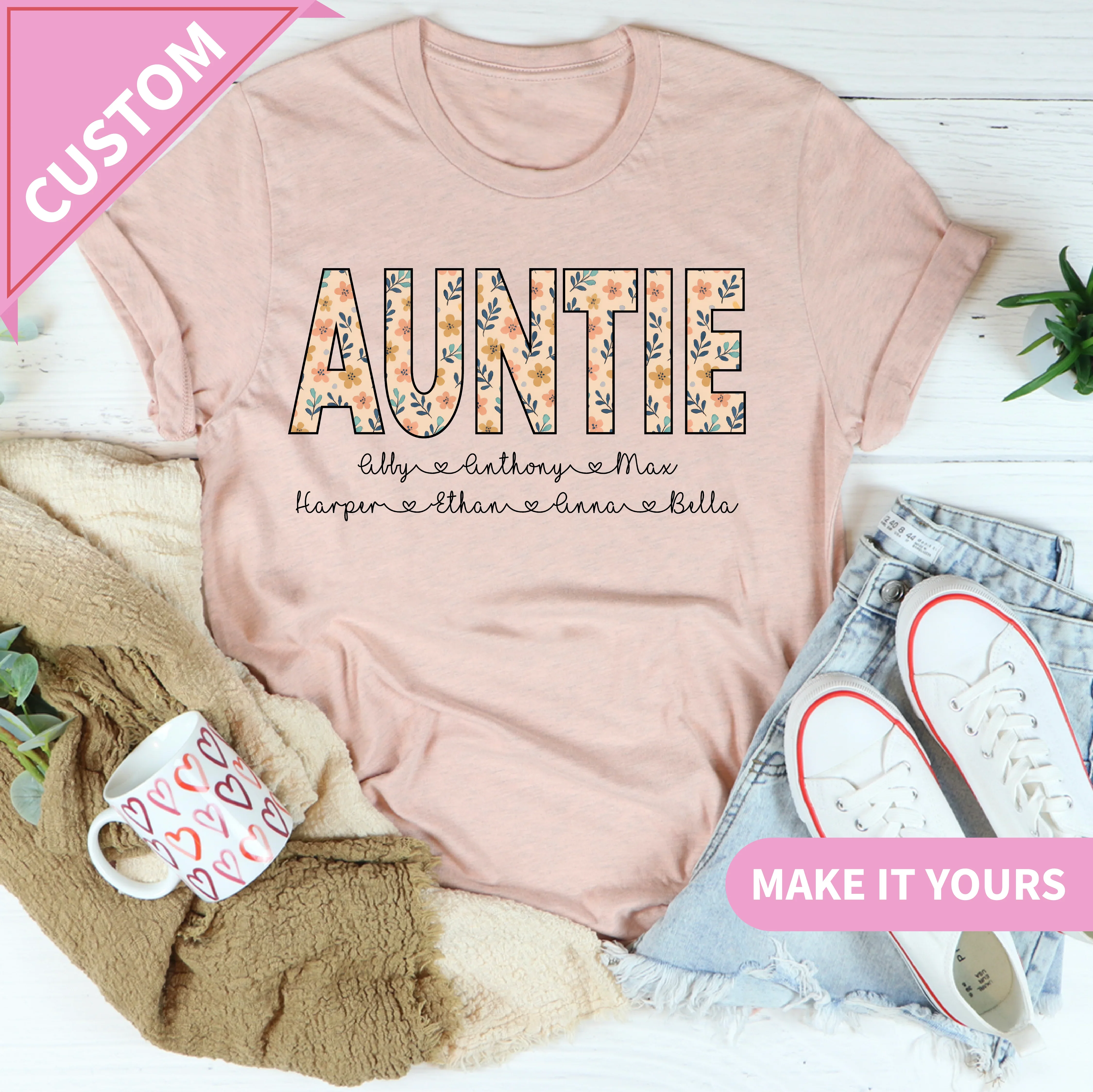 Custom Auntie Floral Name Tee Printify T-Shirt T-Shirt