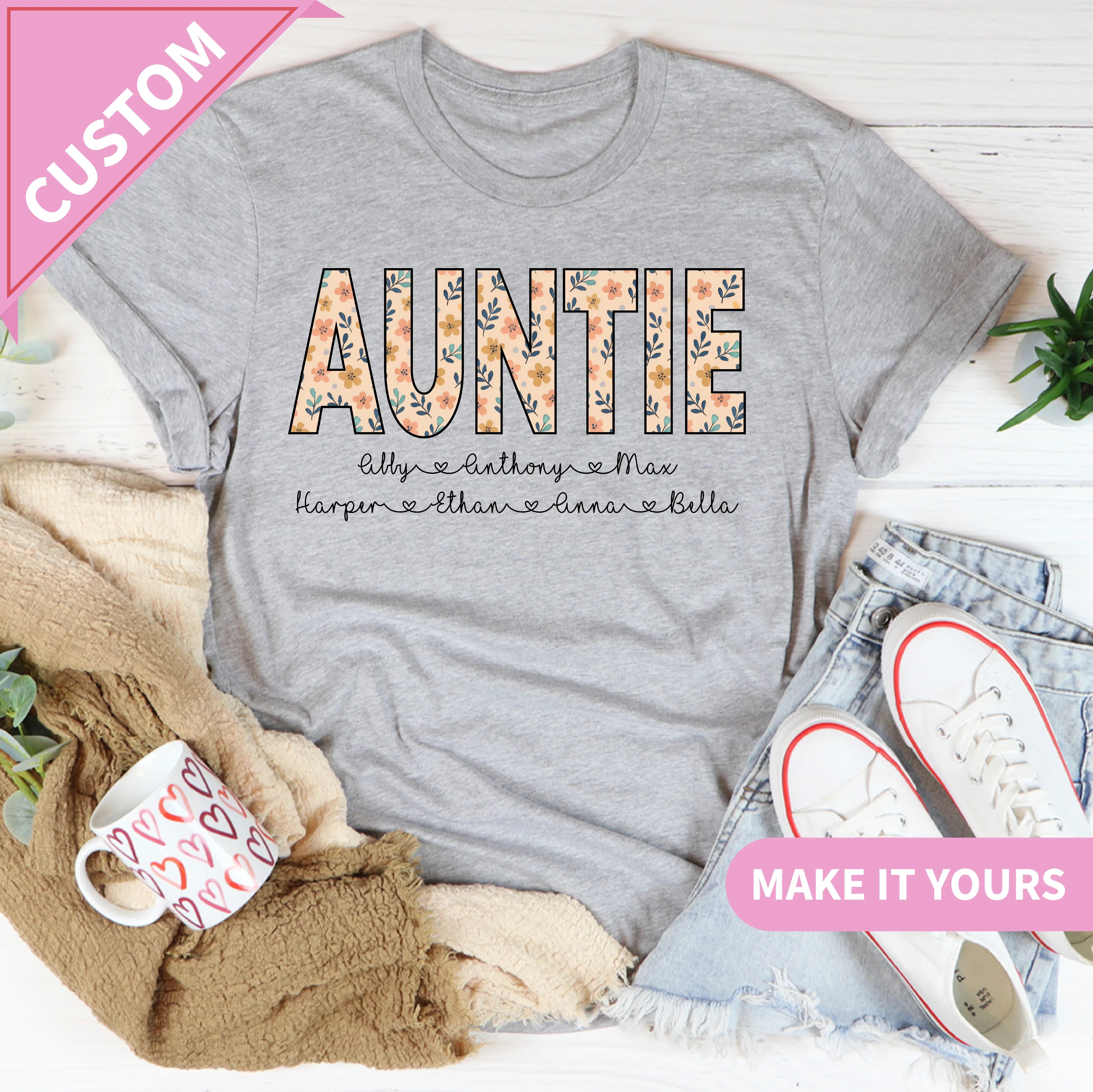 Custom Auntie Floral Name Tee Printify T-Shirt T-Shirt