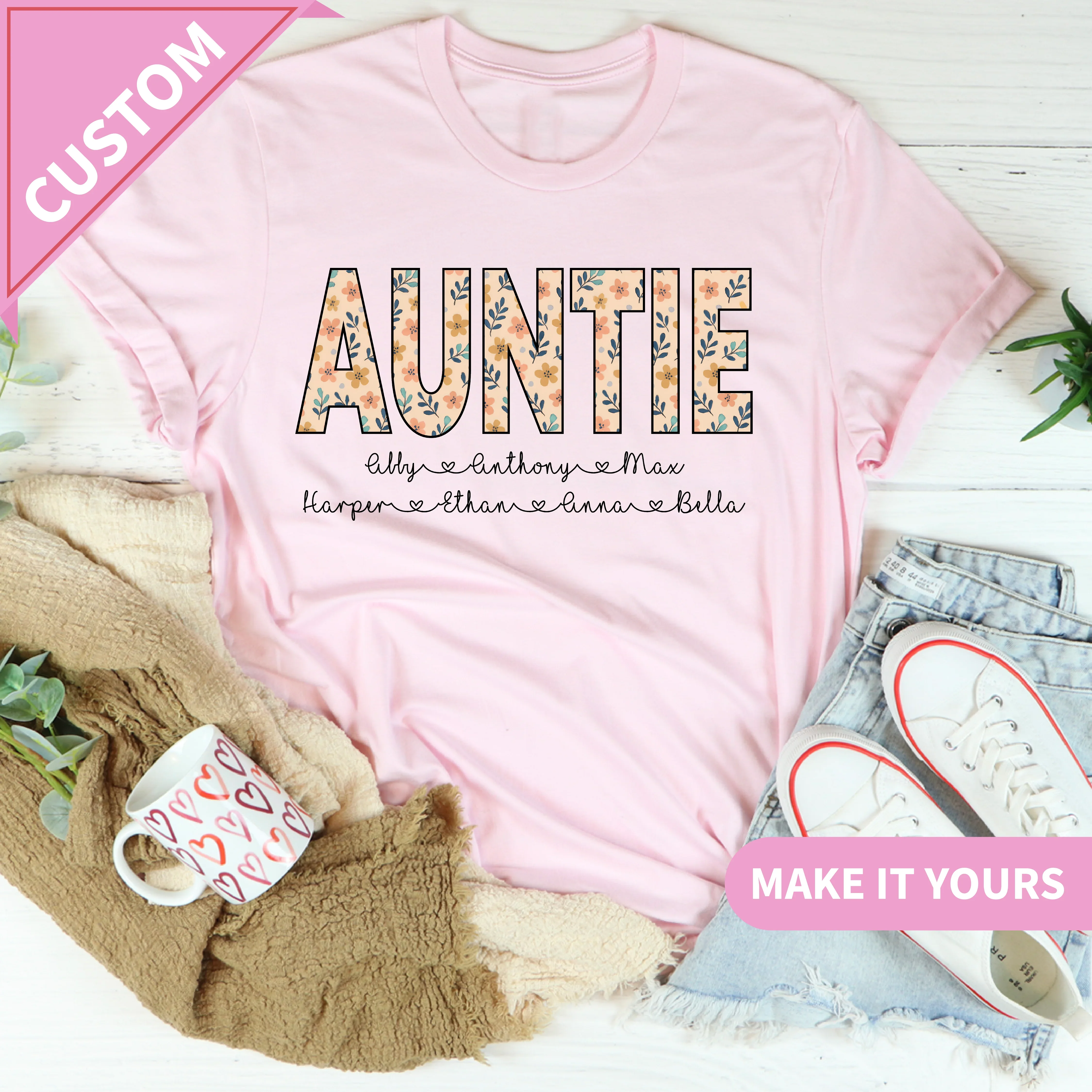 Custom Auntie Floral Name Tee Printify T-Shirt T-Shirt