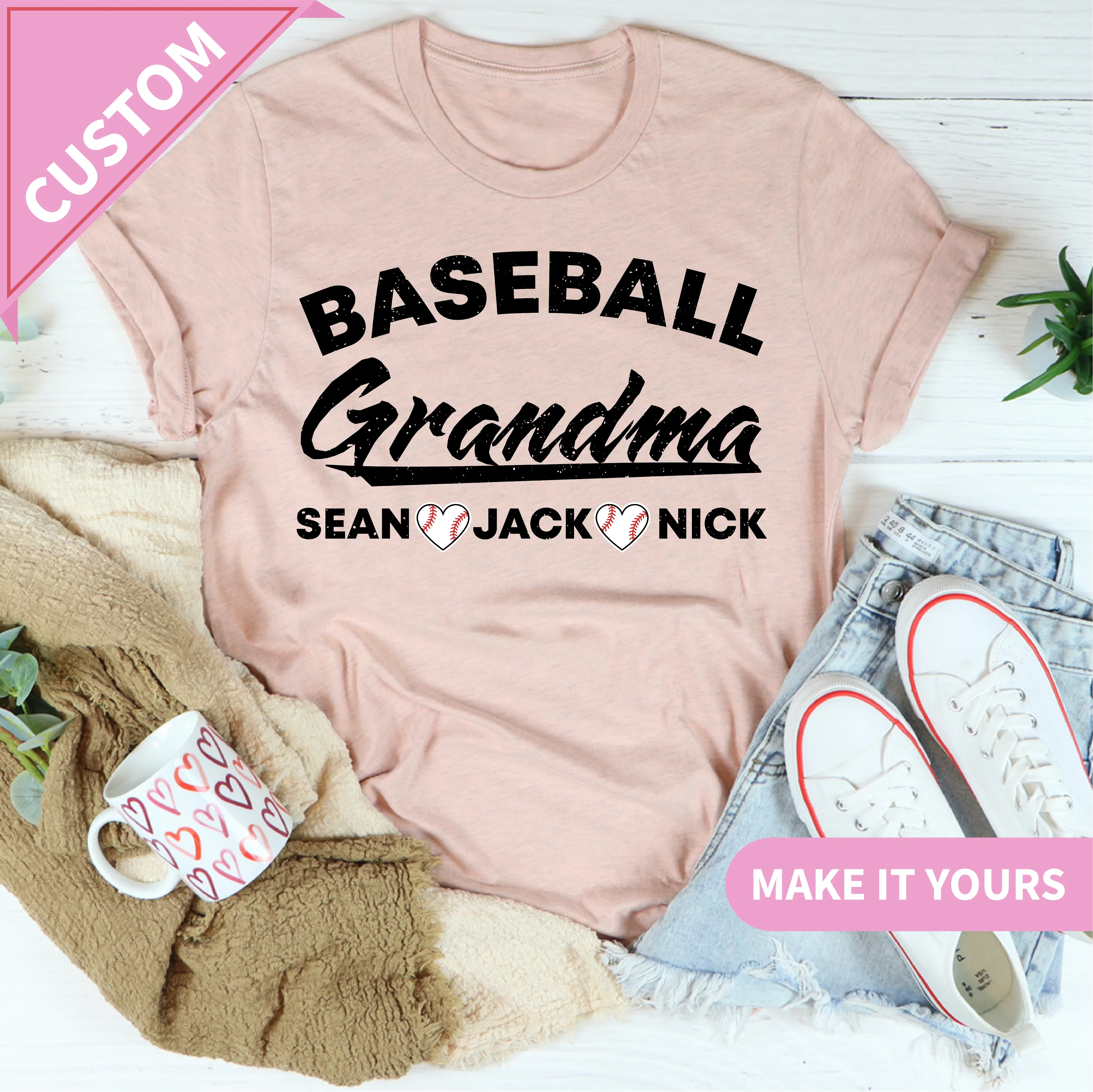 Custom Baseball Grandma Heart Stitch | Cute Game Day Gift For Sports Nana Tee Peach / S Printify T-Shirt T-Shirt