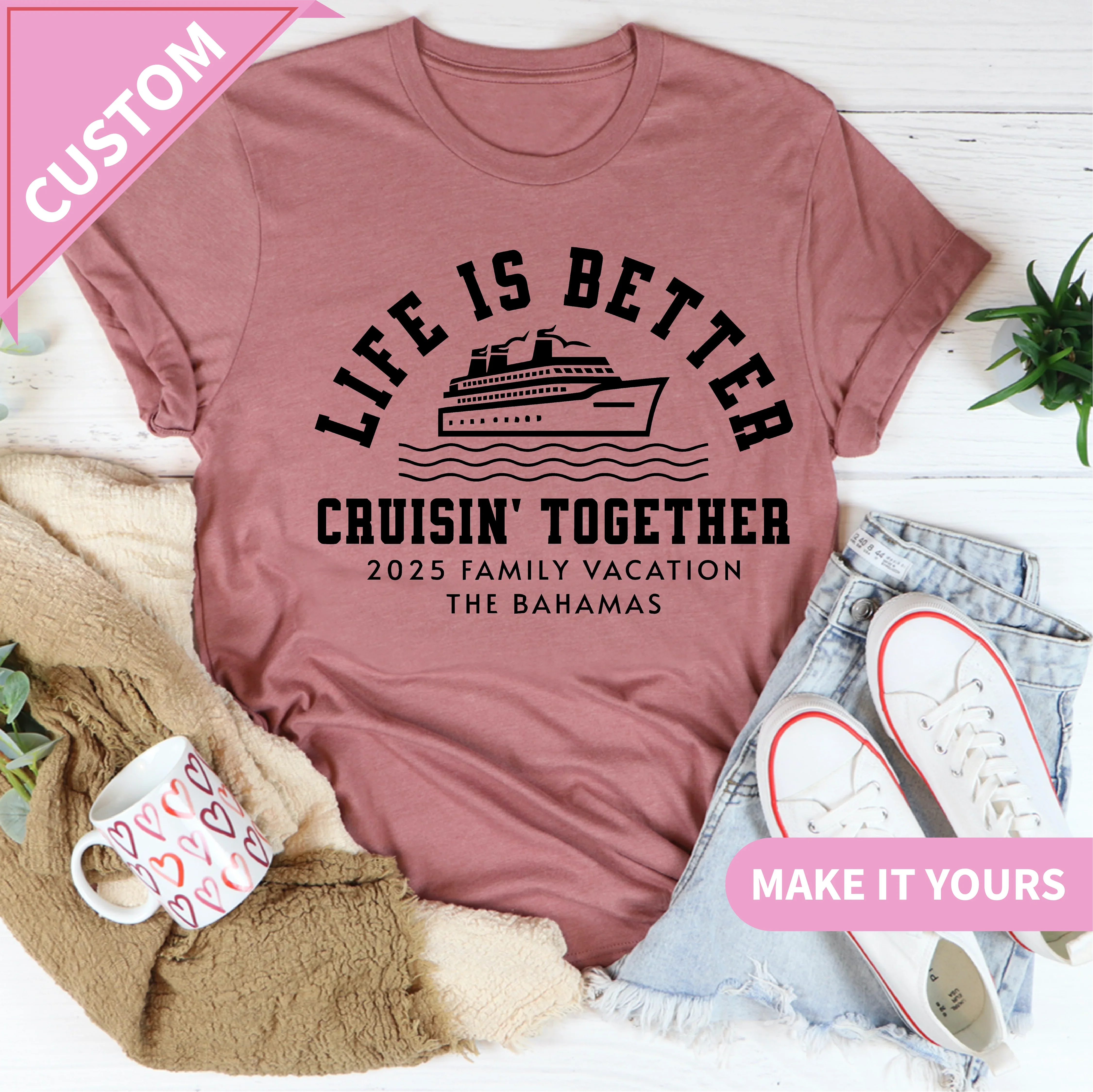 Custom Cruise Family Vacation With Ship Wheel & Anchor | Matching Group Trip Shirts 2025 Tee Mauve / S Printify T-Shirt T-Shirt