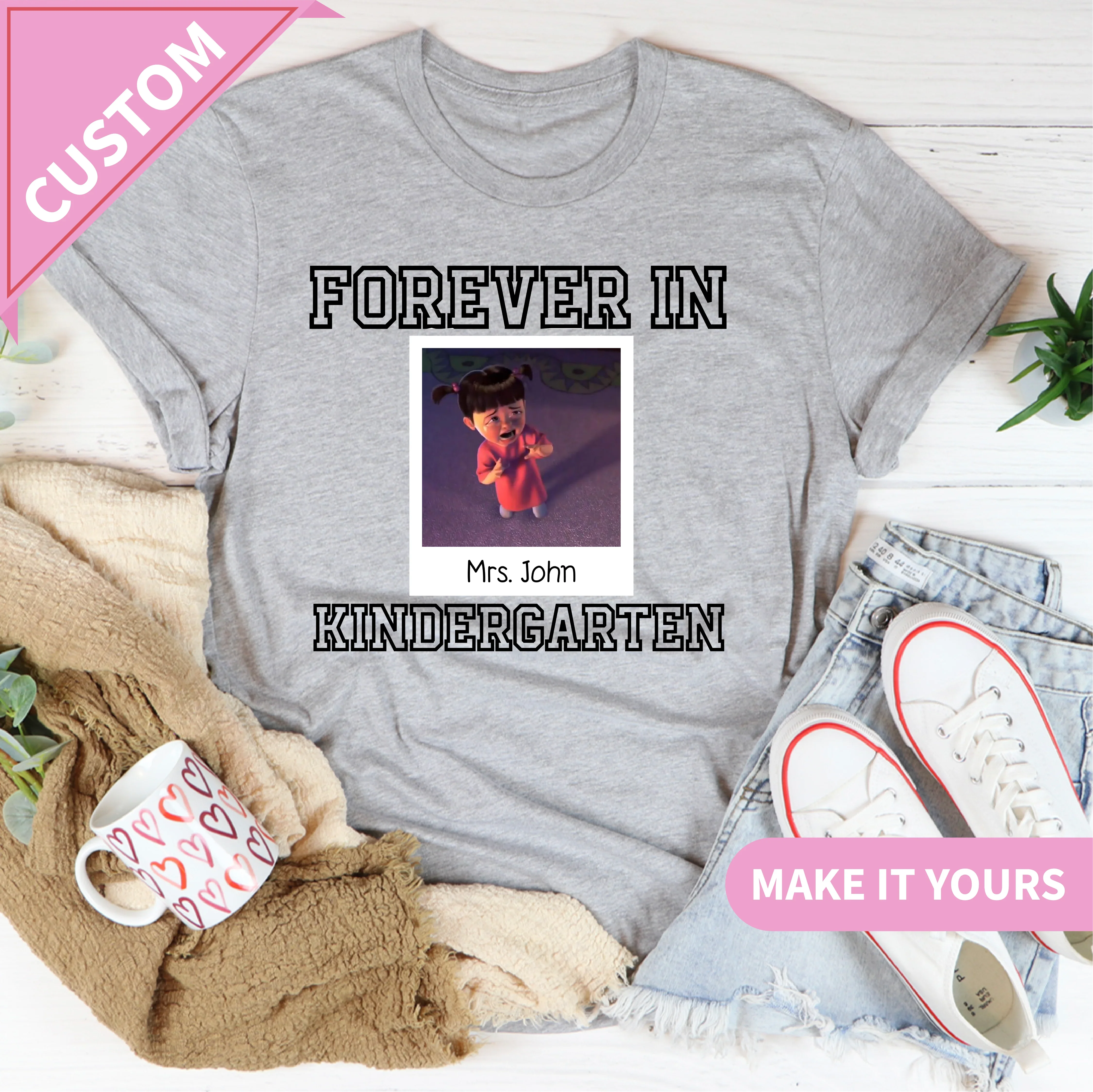 Custom Forever In Kindergarten Funny Teacher With Crying Cartoon Design End Of Year Gift Tee Athletic Heather / S Printify T-Shirt T-Shirt