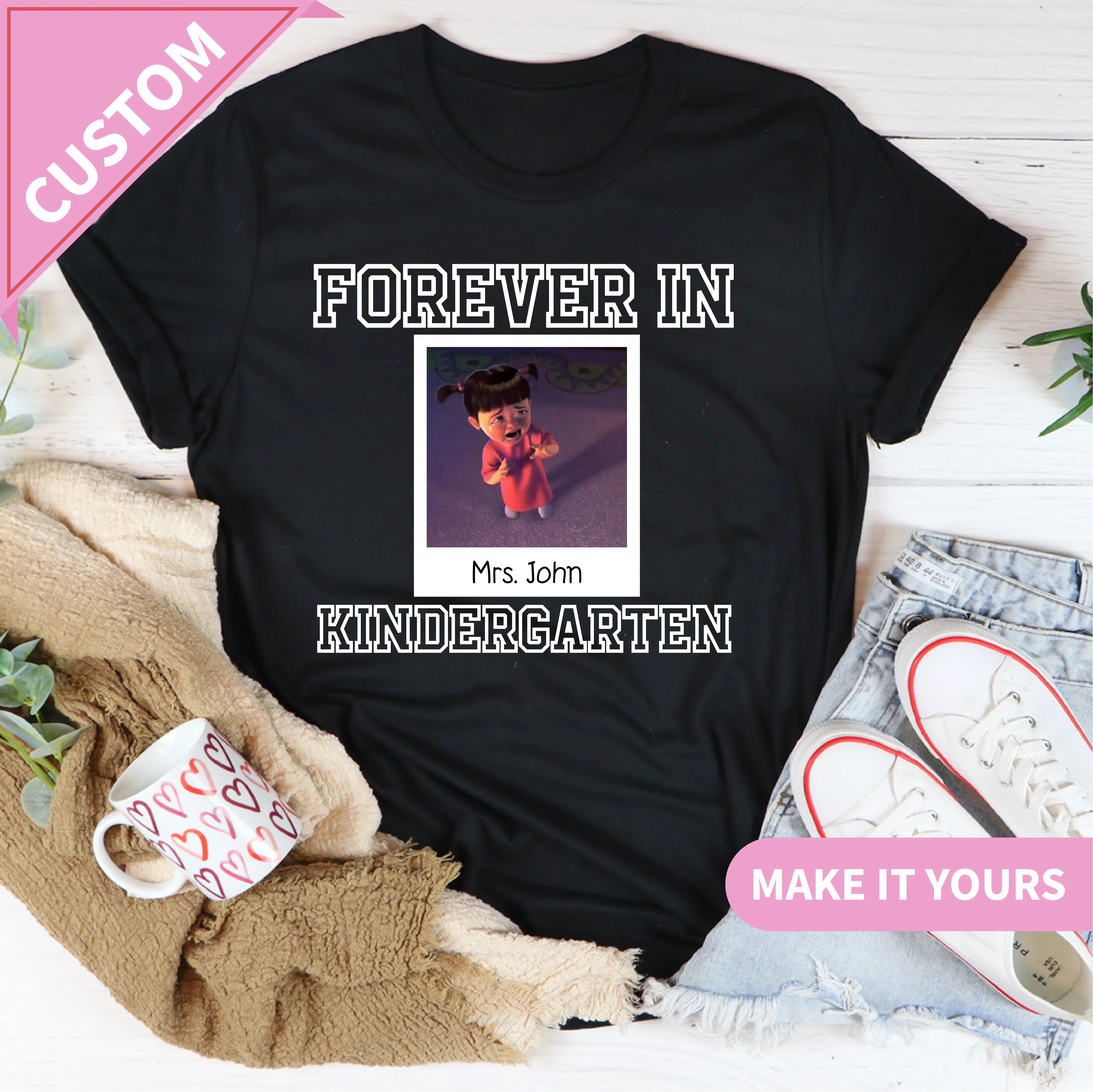 Custom Forever In Kindergarten Funny Teacher With Crying Cartoon Design End Of Year Gift Tee Black / S Printify T-Shirt T-Shirt