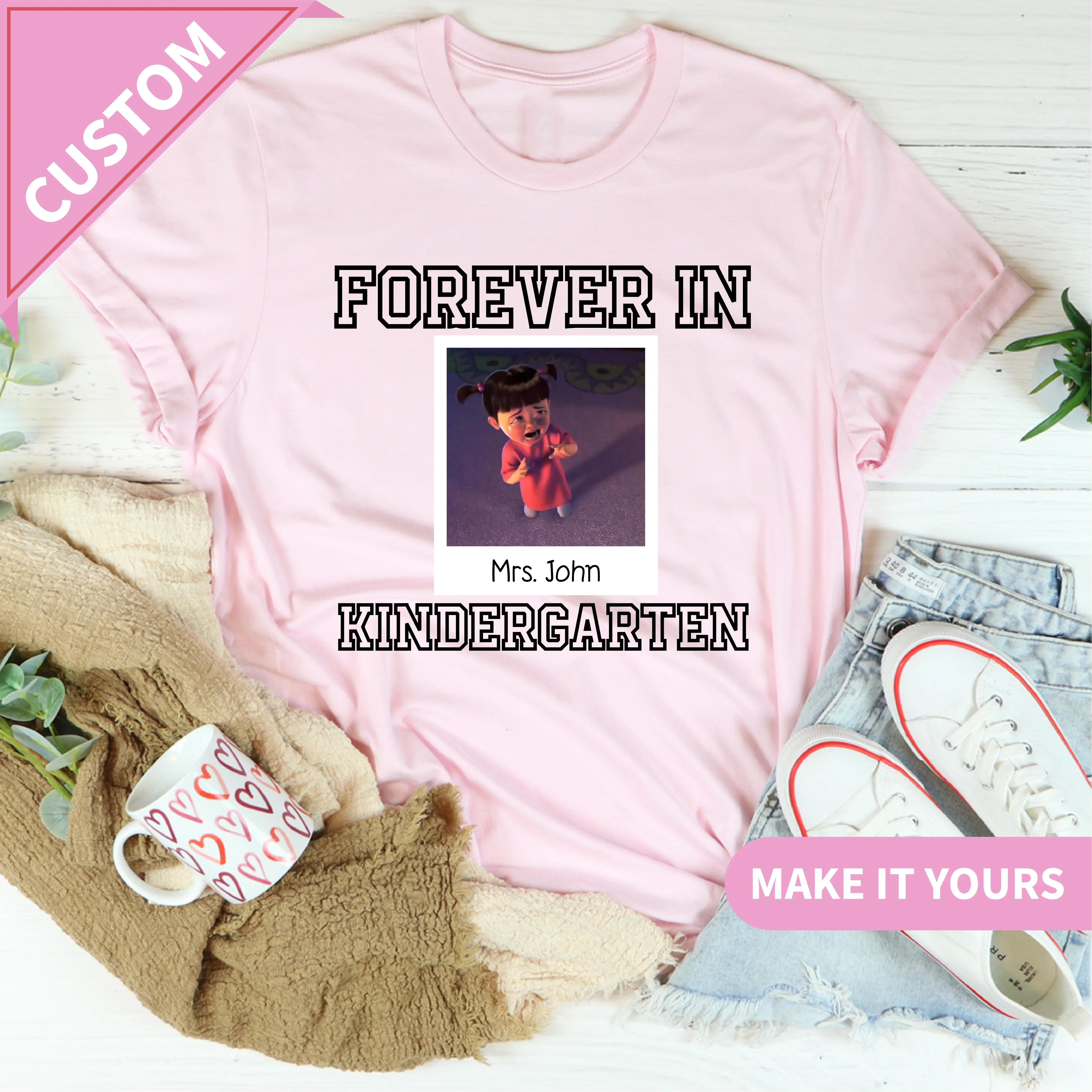 Custom Forever In Kindergarten Funny Teacher With Crying Cartoon Design End Of Year Gift Tee Pink / S Printify T-Shirt T-Shirt