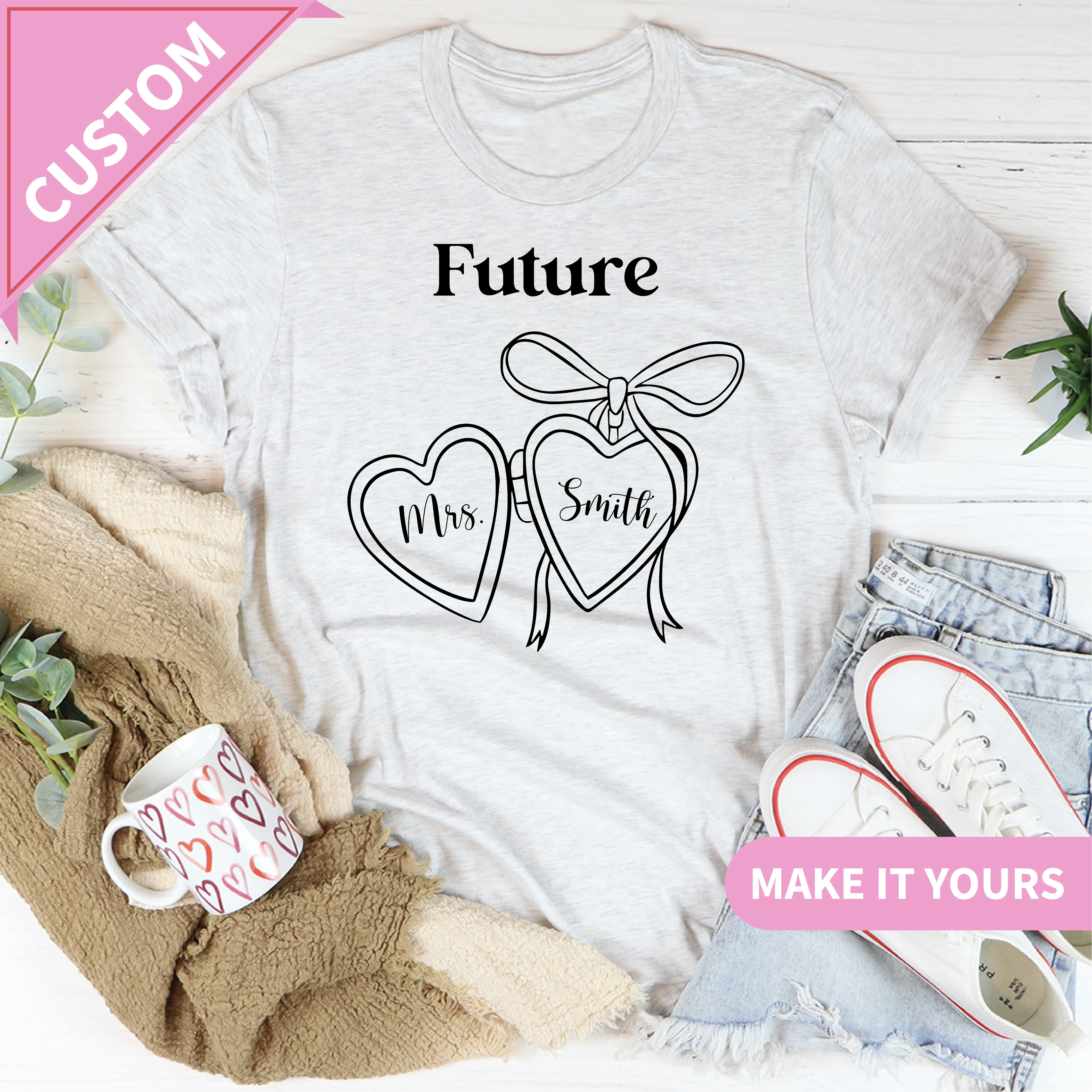 Custom Future Mrs Heart Locket Engagement for Bride To Be Tee Printify T-Shirt T-Shirt